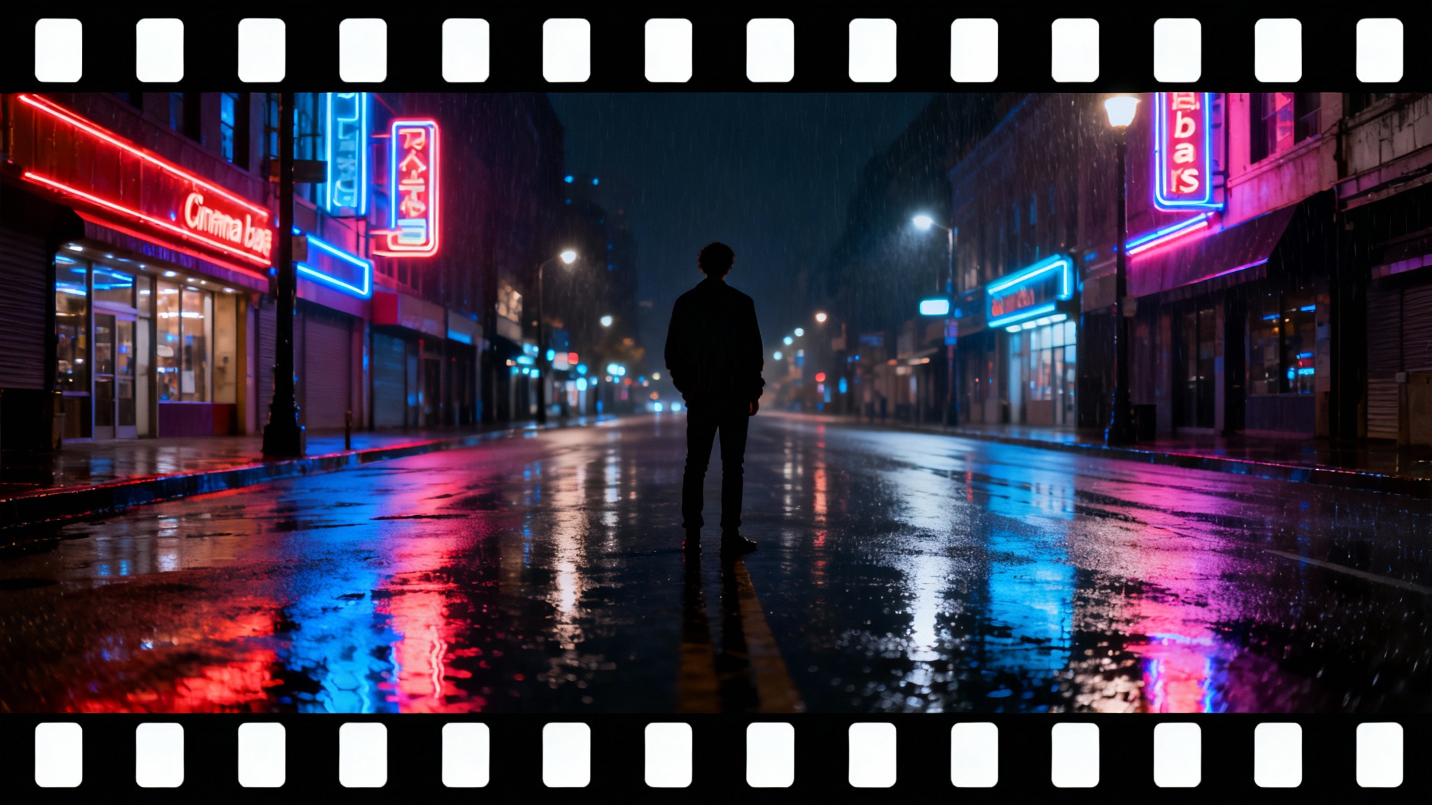 A mockup showing a cinematic widescreen image with black bars on top and bottom. The image shows a person standing on a wet city street at night with neon reflections, all against a plain white background.