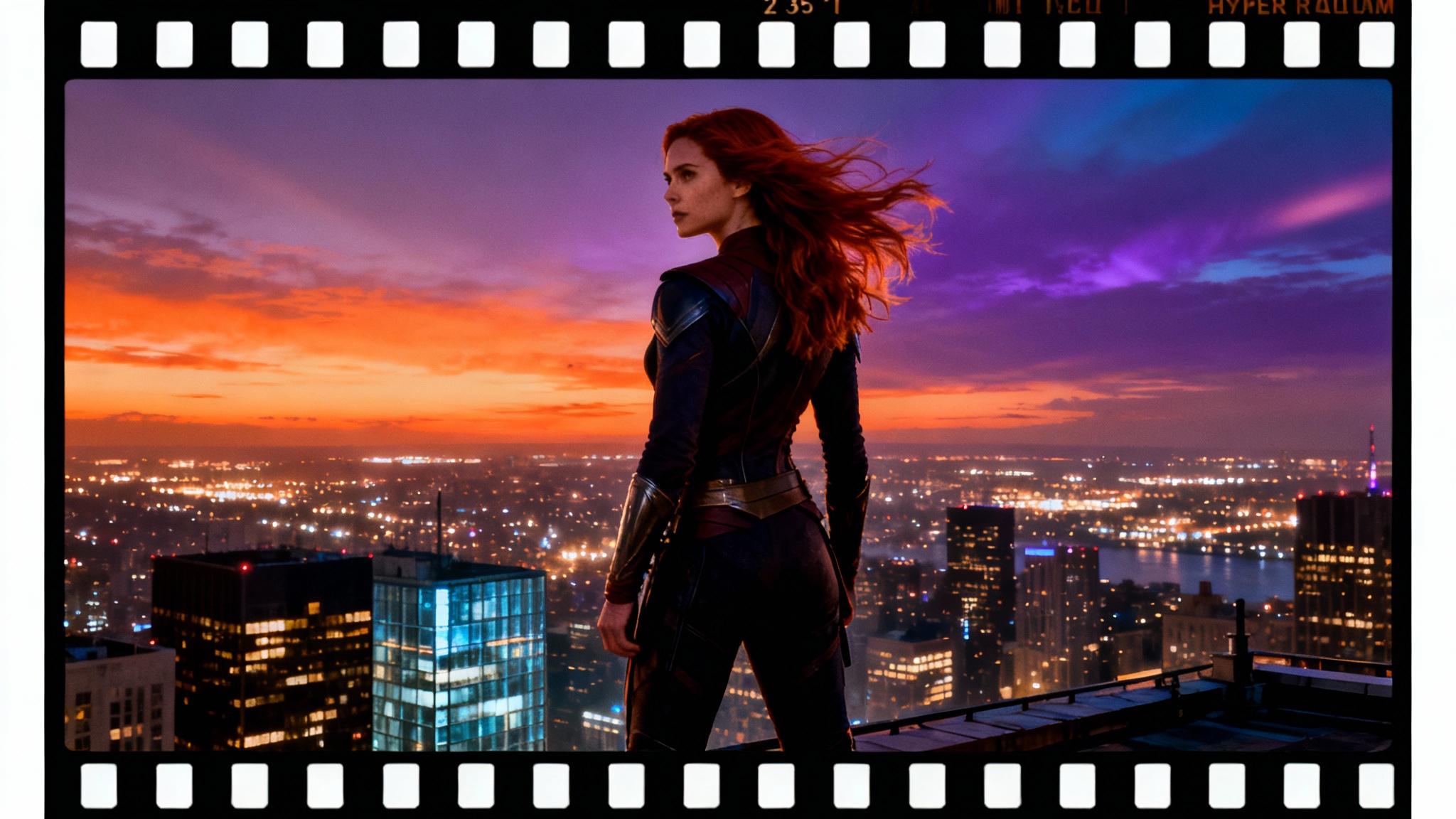 A cinematic still of a woman on a city rooftop at dusk, with the image framed by black cinema bars on the top and bottom to create a widescreen movie effect.