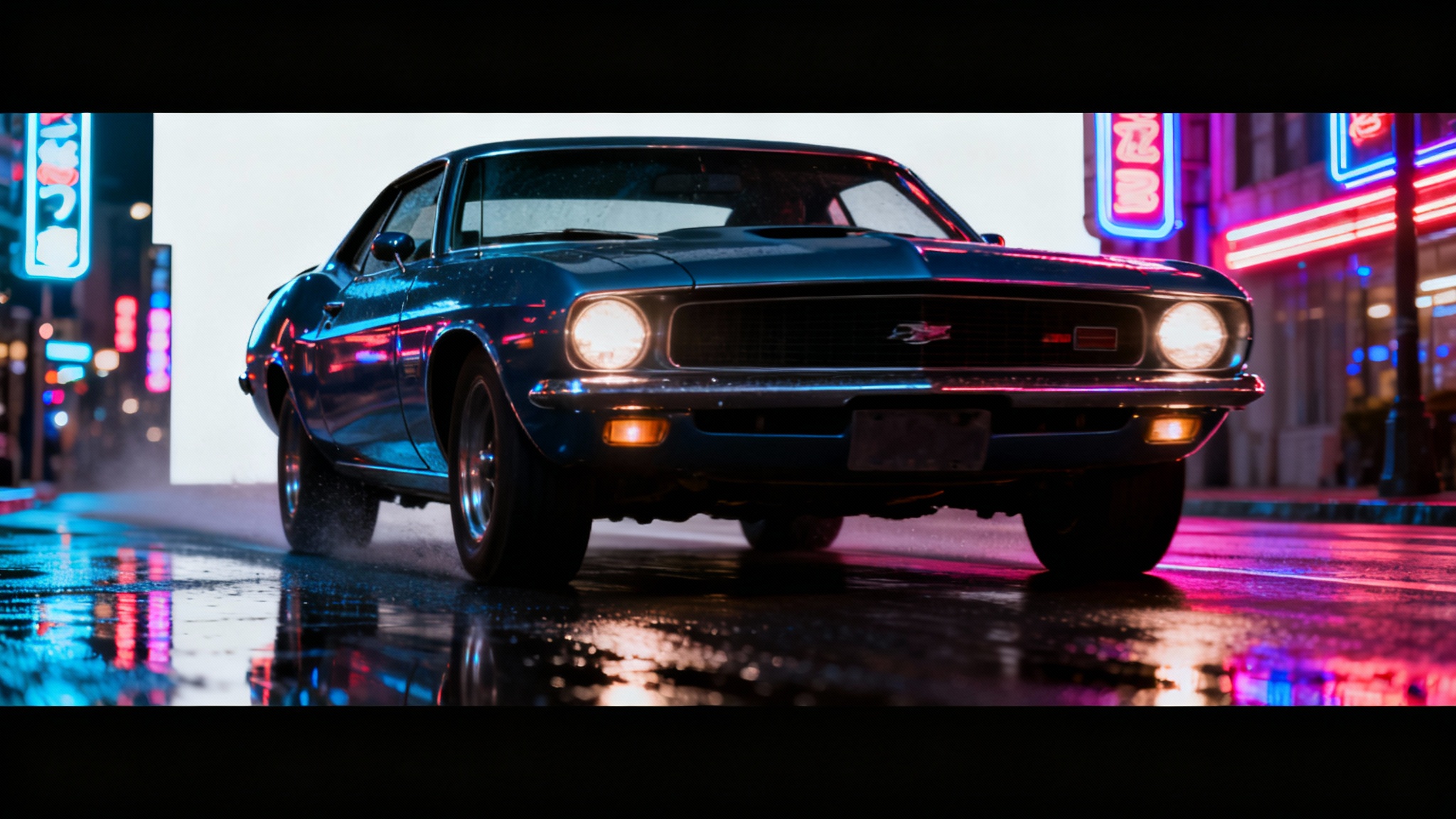 A mockup of a cinematic bars overlay, showing a movie-style image of a vintage car on a wet, neon-lit street at night, framed by black bars at the top and bottom.