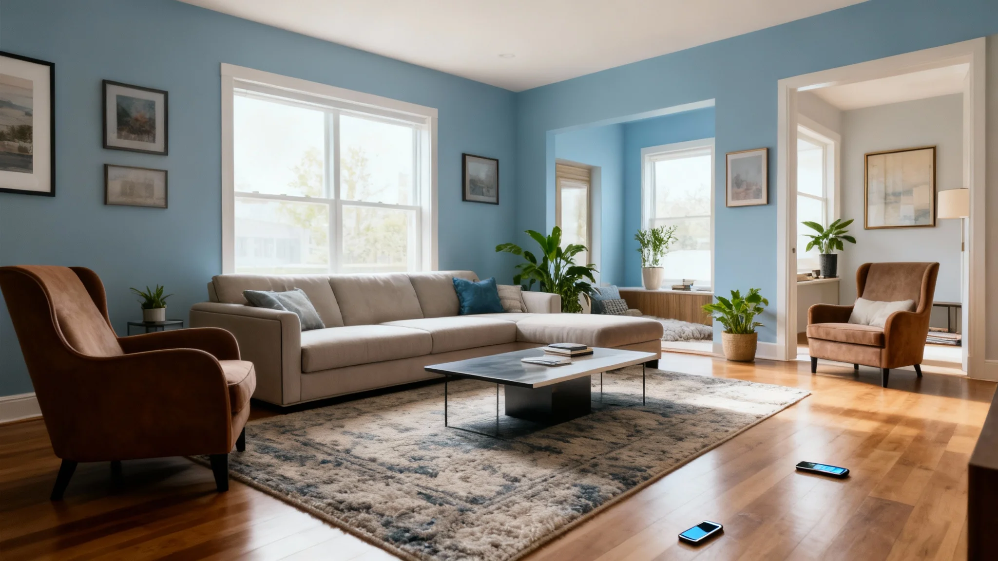 A professionally designed modern living room with a blue and neutral color scheme, featuring a sectional sofa, large window with natural light, and tasteful decor.