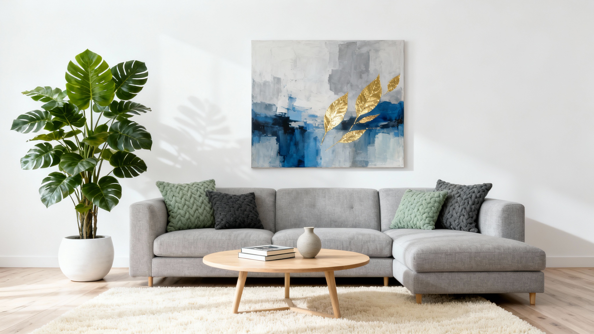 A professionally designed modern living room featuring a light gray sofa, oak coffee table, and abstract art, presented as a clean mockup against a white background.