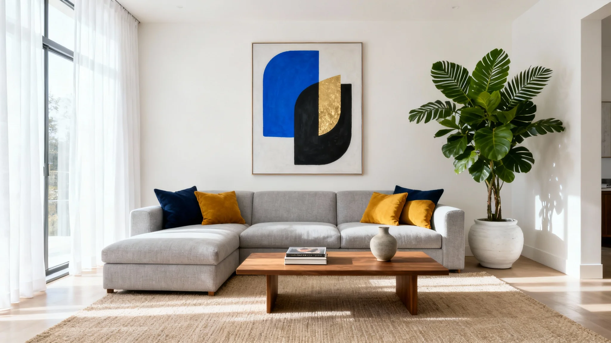 A modern and bright living room design featuring a grey sectional sofa, a minimalist coffee table, abstract wall art, and a large indoor plant.