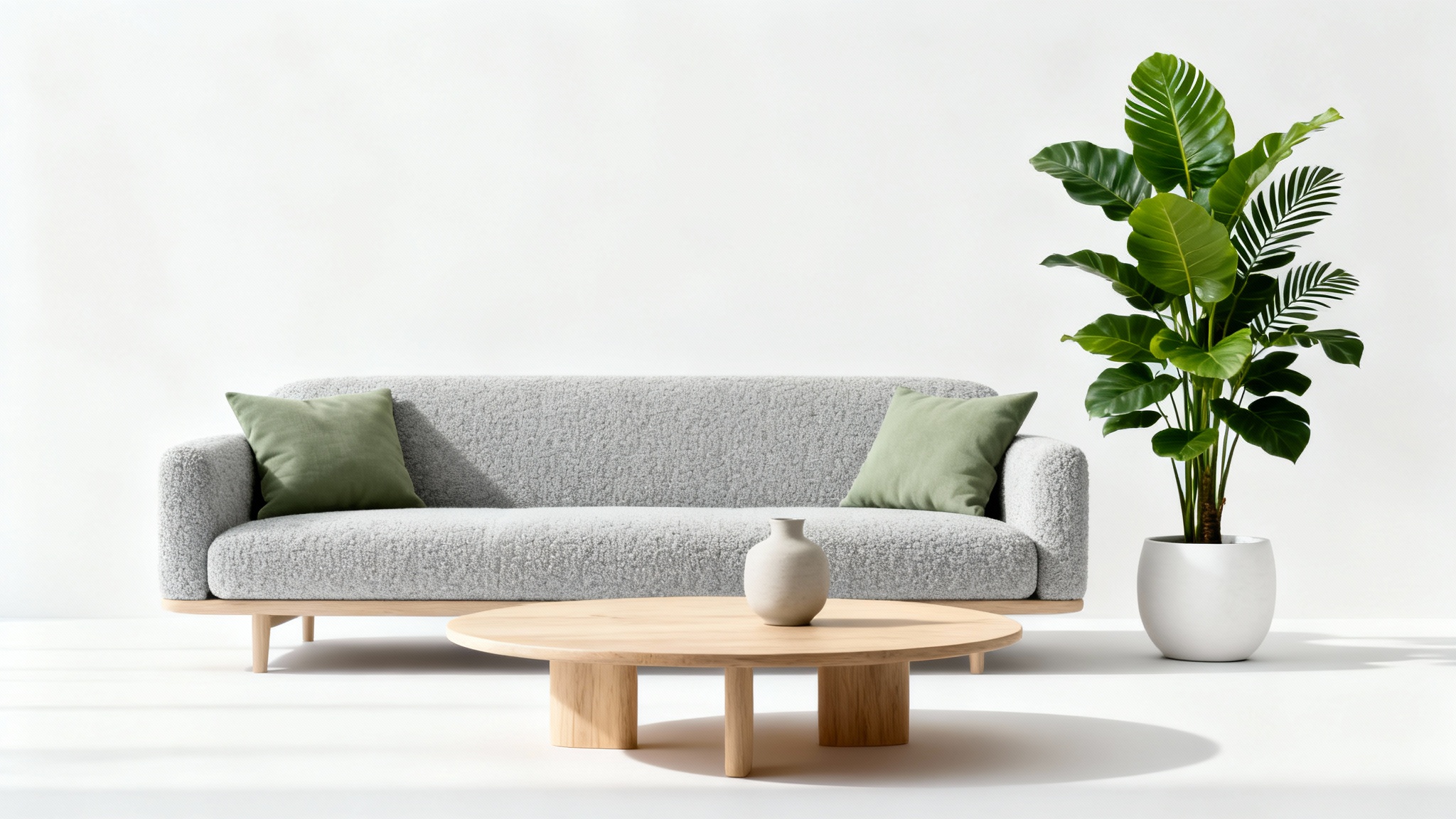 A photorealistic mockup of a modern living room design featuring a gray sofa, an oak coffee table, and a large plant, all set against a clean white background.