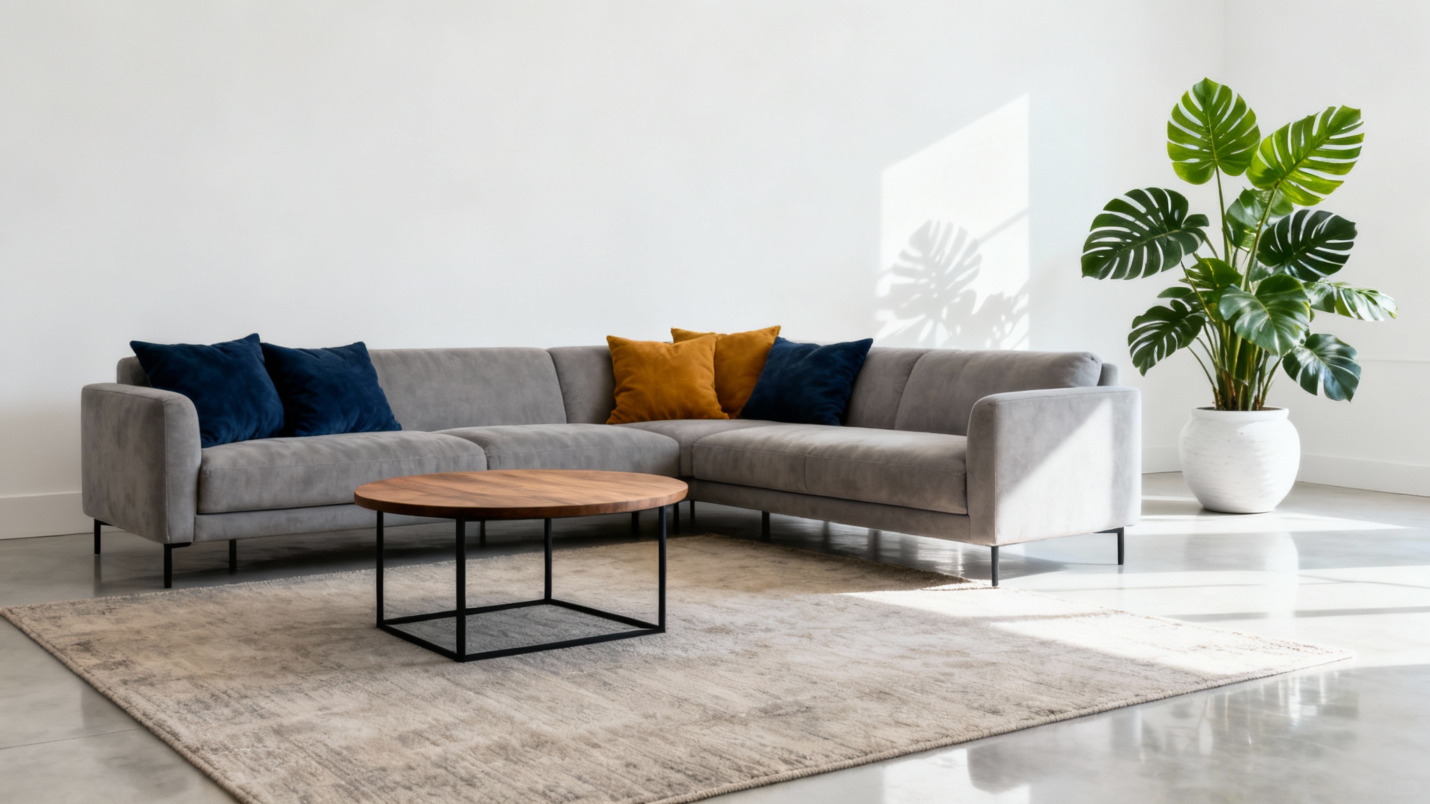 A photorealistic image of a modern, minimalist living room with a grey sectional sofa, a round wooden coffee table, and a large green plant, all set against a bright, white background.