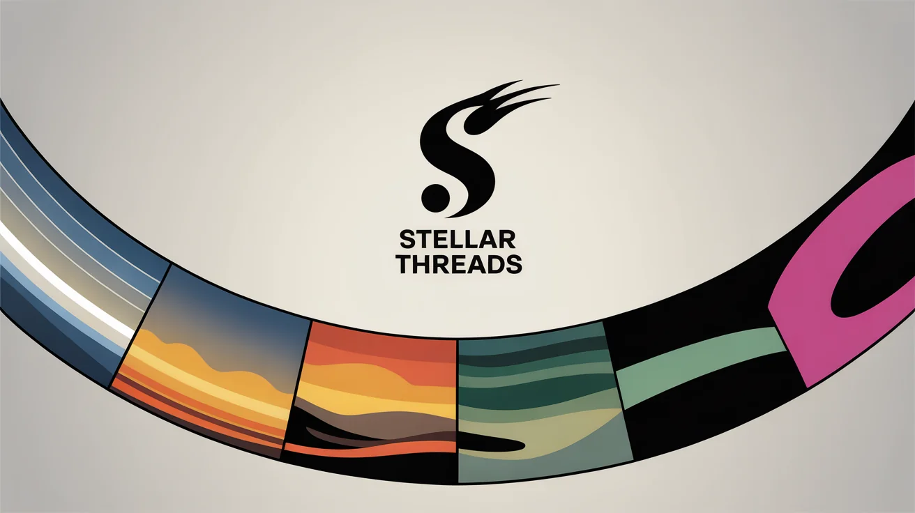 A central logo for 'Stellar Threads' surrounded by four identical logos, each with a different color palette (blue/silver, orange/gold, green/brown, magenta/black) to showcase a logo color changer tool.