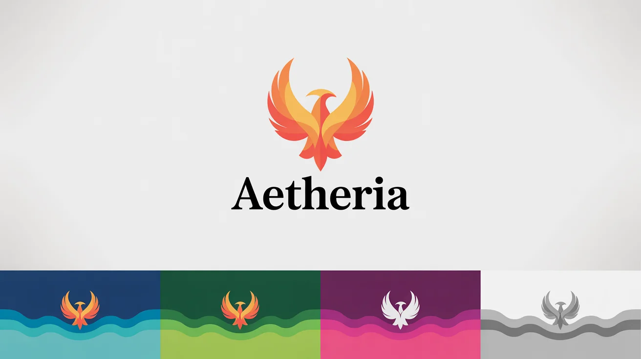 A central stylized phoenix logo for the brand 'Aetheria' in orange and yellow, with four smaller versions of the same logo below it in different color schemes (blue, green, purple, and grey) on a white background, representing a logo color changer.