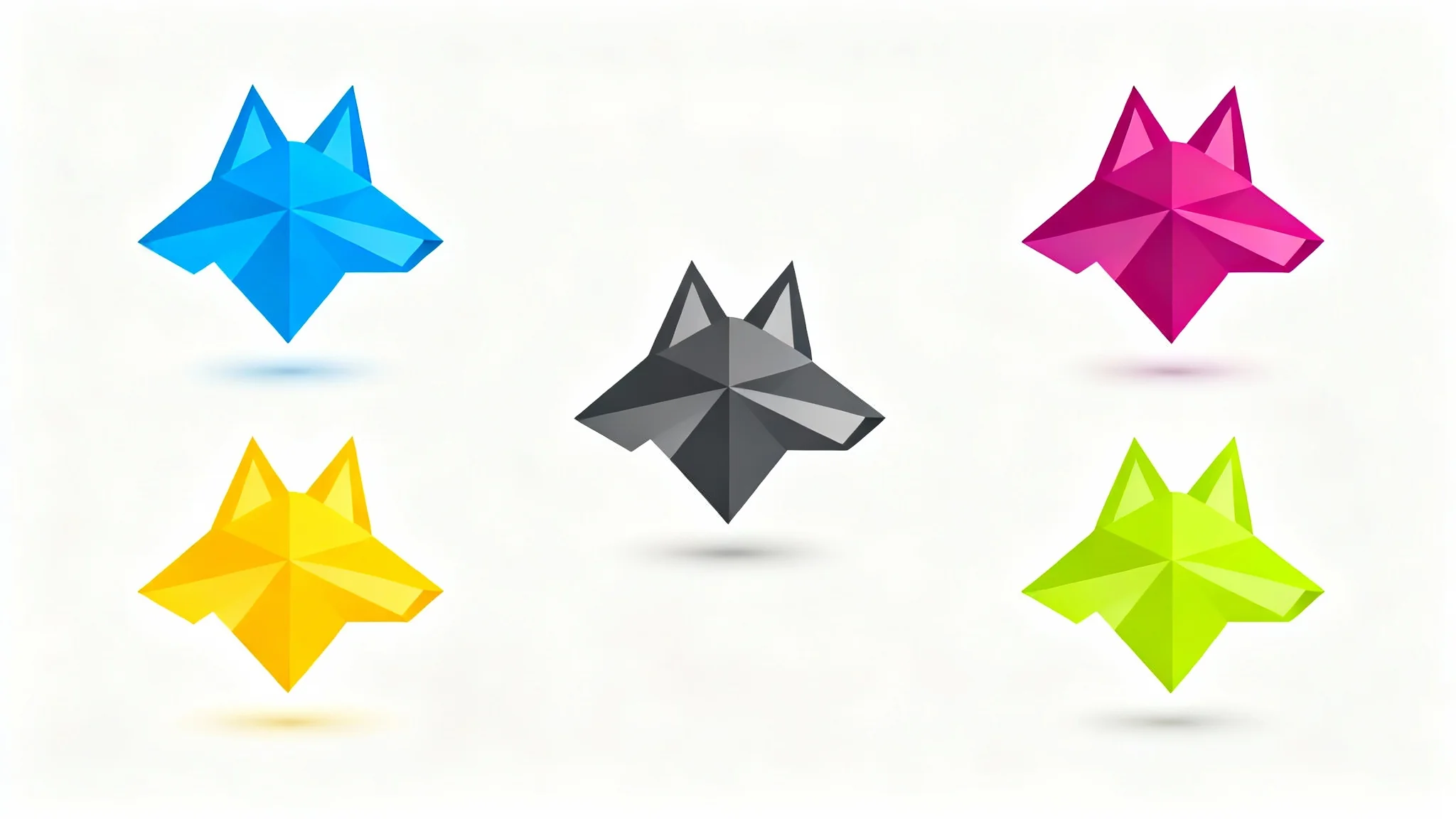 A central gray geometric wolf logo on a white background, surrounded by four identical logos in blue, yellow, magenta, and green, illustrating a logo color changer.