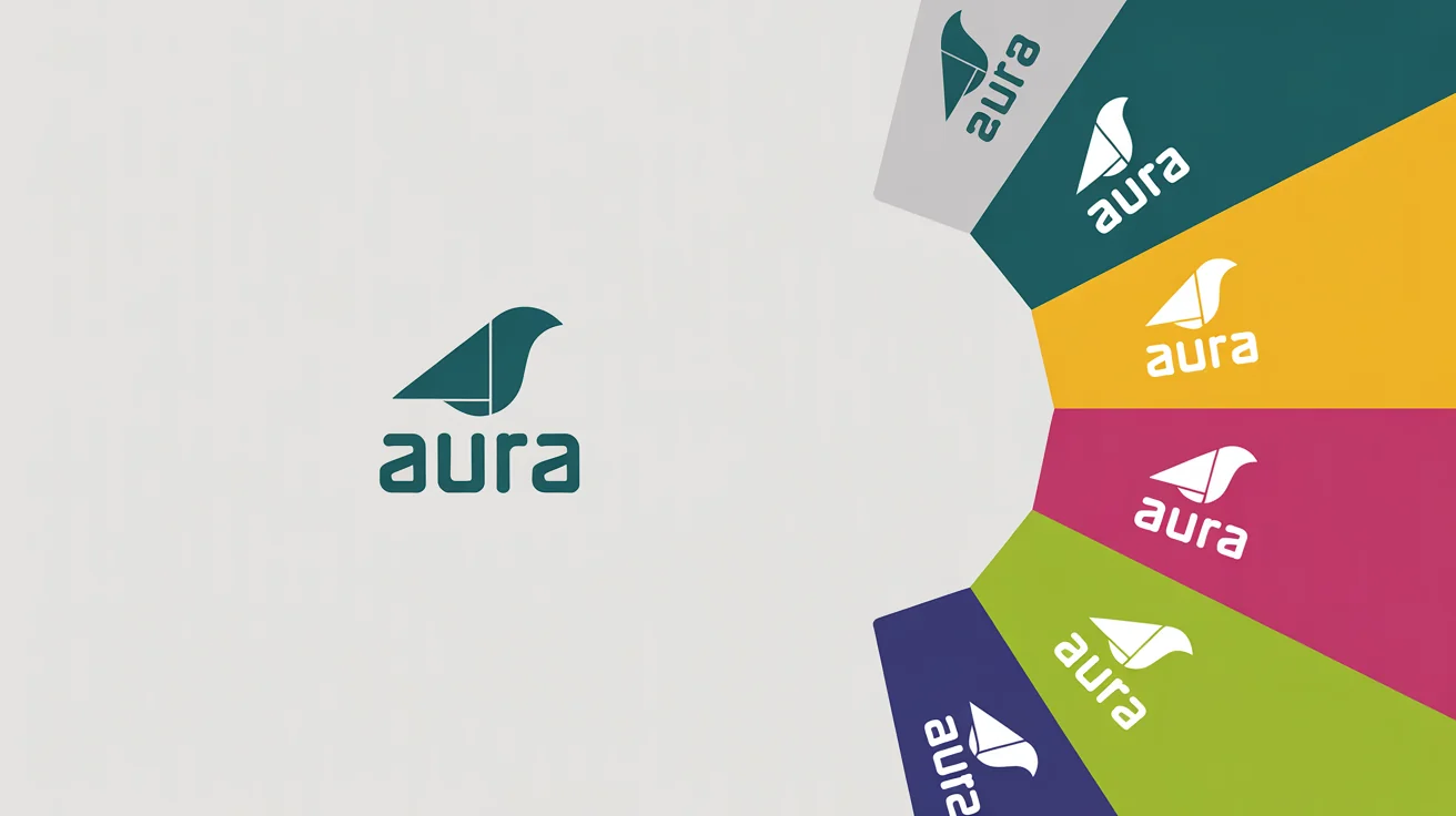 A central logo for the brand 'AURA' with five identical logos fanned out around it, each in a different vibrant color, on a clean white background.