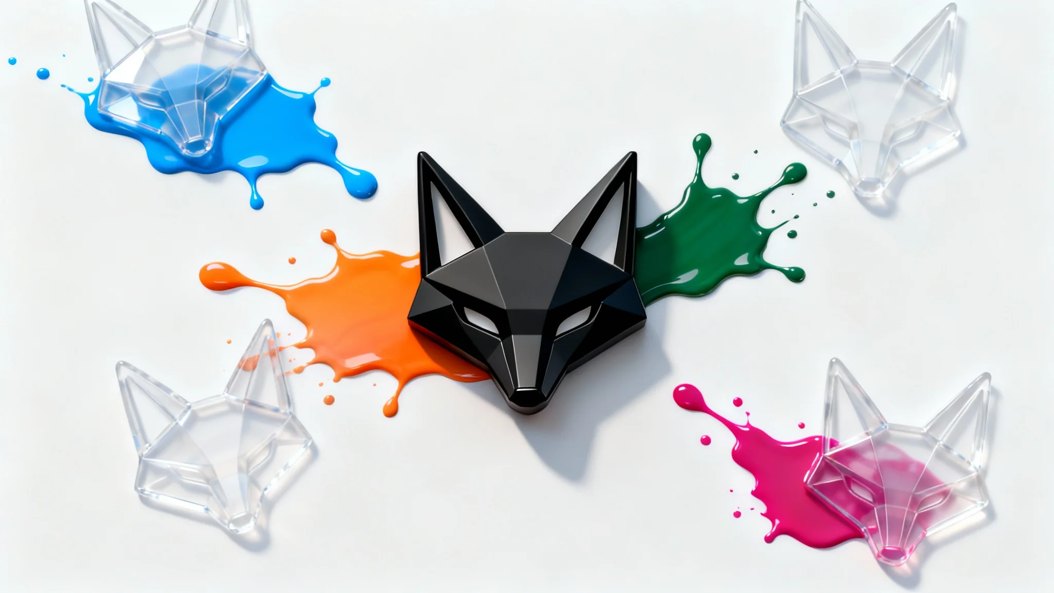 A central black logo of a fox head surrounded by splashes of blue, orange, green, and magenta paint, demonstrating a logo color changer tool.