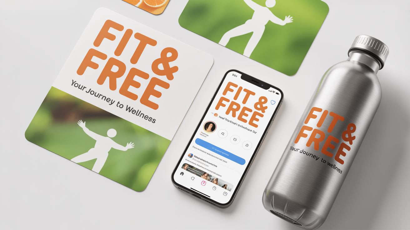 A professional brand mockup for a wellness company named 'FIT & FREE', showing the logo applied to a business card, smartphone screen, and water bottle arranged on a clean white background.