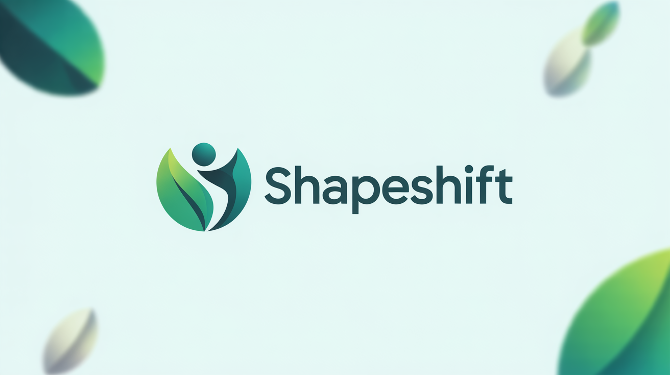 A modern weight loss logo for a brand named 'ShapeShift', featuring an icon that merges a green leaf with a human figure, displayed on a clean white background.