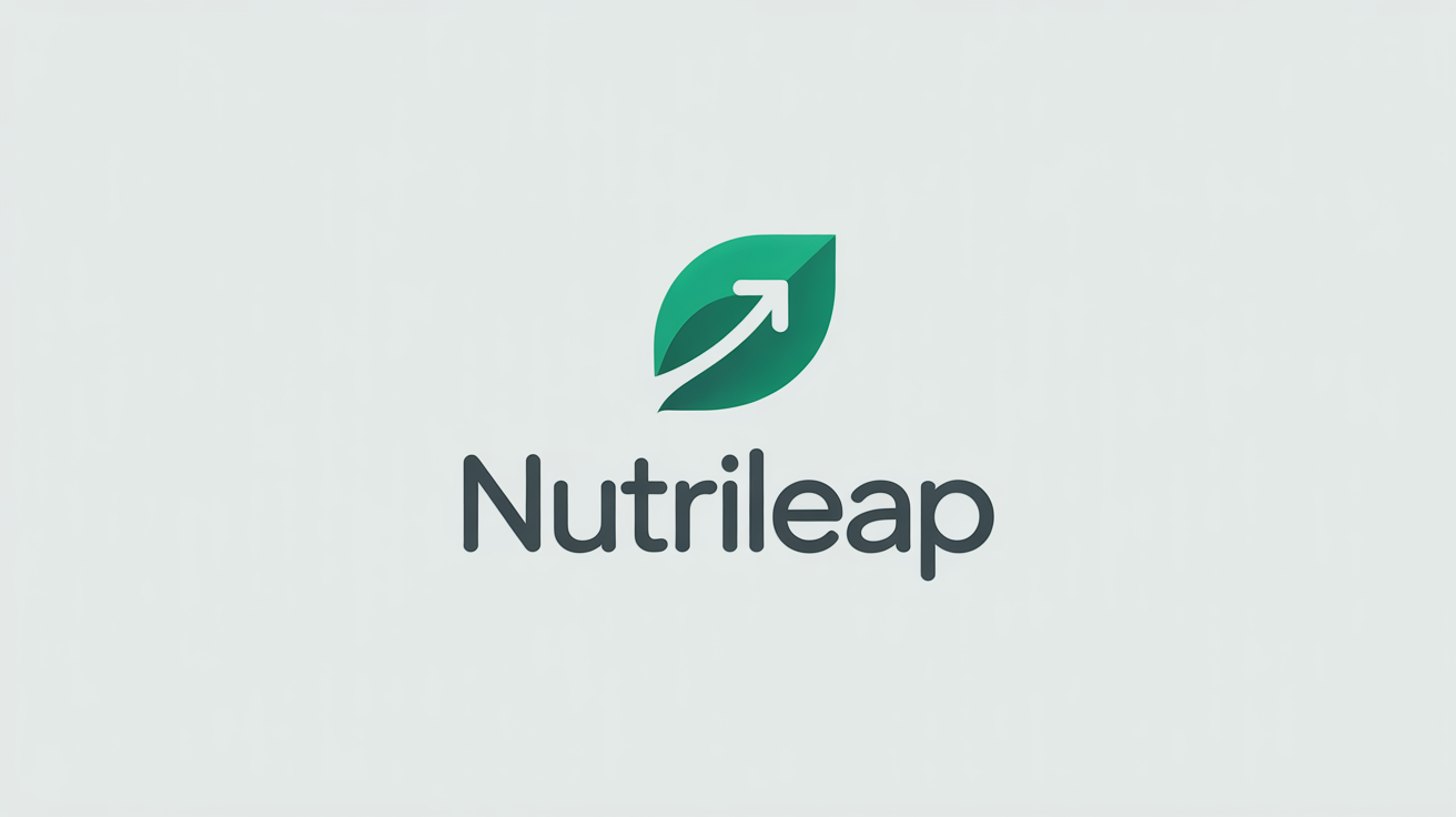 A modern weight loss logo for a brand called 'NutriLeap', featuring a green leaf combined with an upward arrow, symbolizing healthy progress.