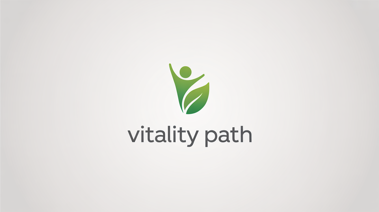 A minimalist logo for a weight loss brand named 'Vitality Path', featuring a green and teal icon of a figure and a leaf to symbolize health, set against a white background.