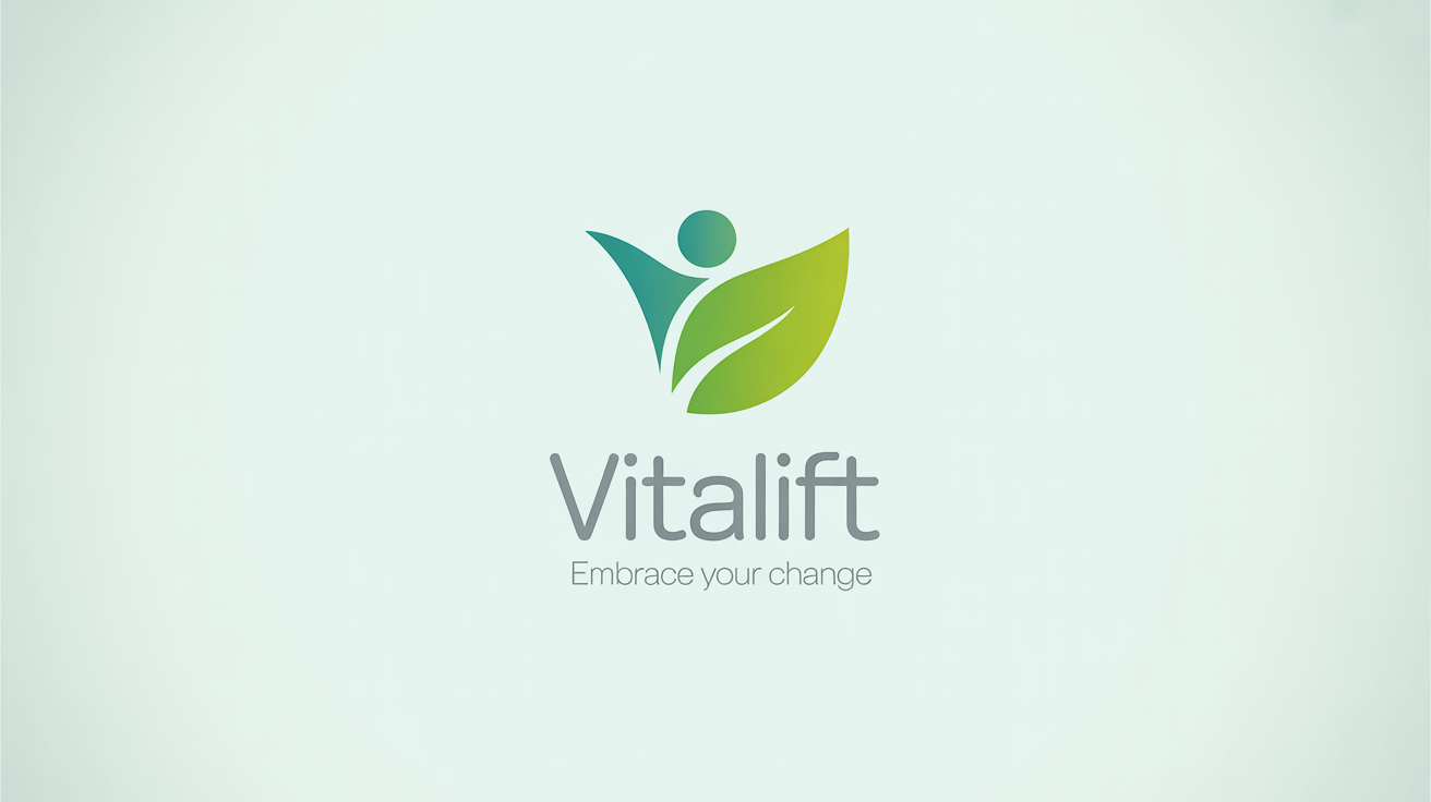 A minimalist weight loss logo for the brand 'VitaLift', featuring an abstract human figure and a green leaf. The tagline reads 'Embrace Your Change'.