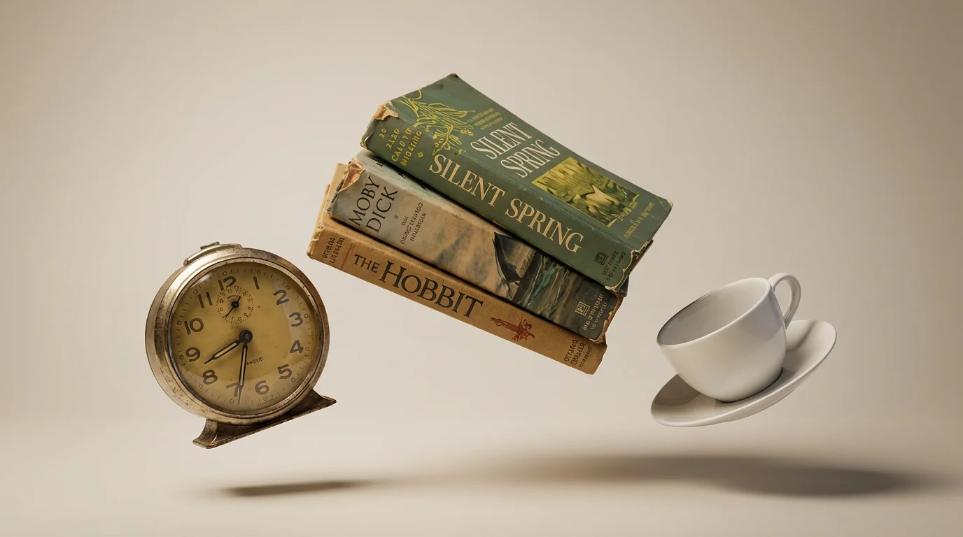 A stunning hero image showcasing floating objects photography, with a vintage clock, books, and a teacup suspended magically in mid-air against a clean, professional background.