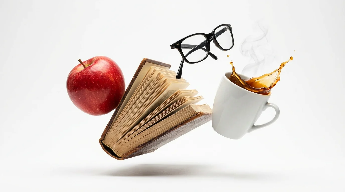 A photorealistic image of several objects—a red apple, a book, glasses, and a coffee mug—floating in mid-air against a clean white background, demonstrating floating objects photography.