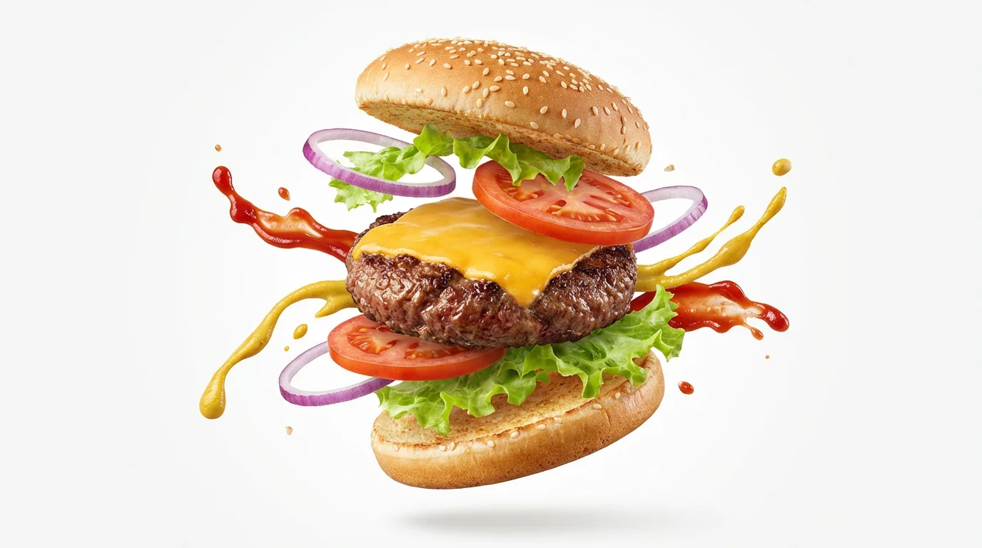 A professional studio photograph of a deconstructed cheeseburger with its ingredients—patty, cheese, bun, lettuce, tomato, and onion—floating in mid-air against a clean white background.