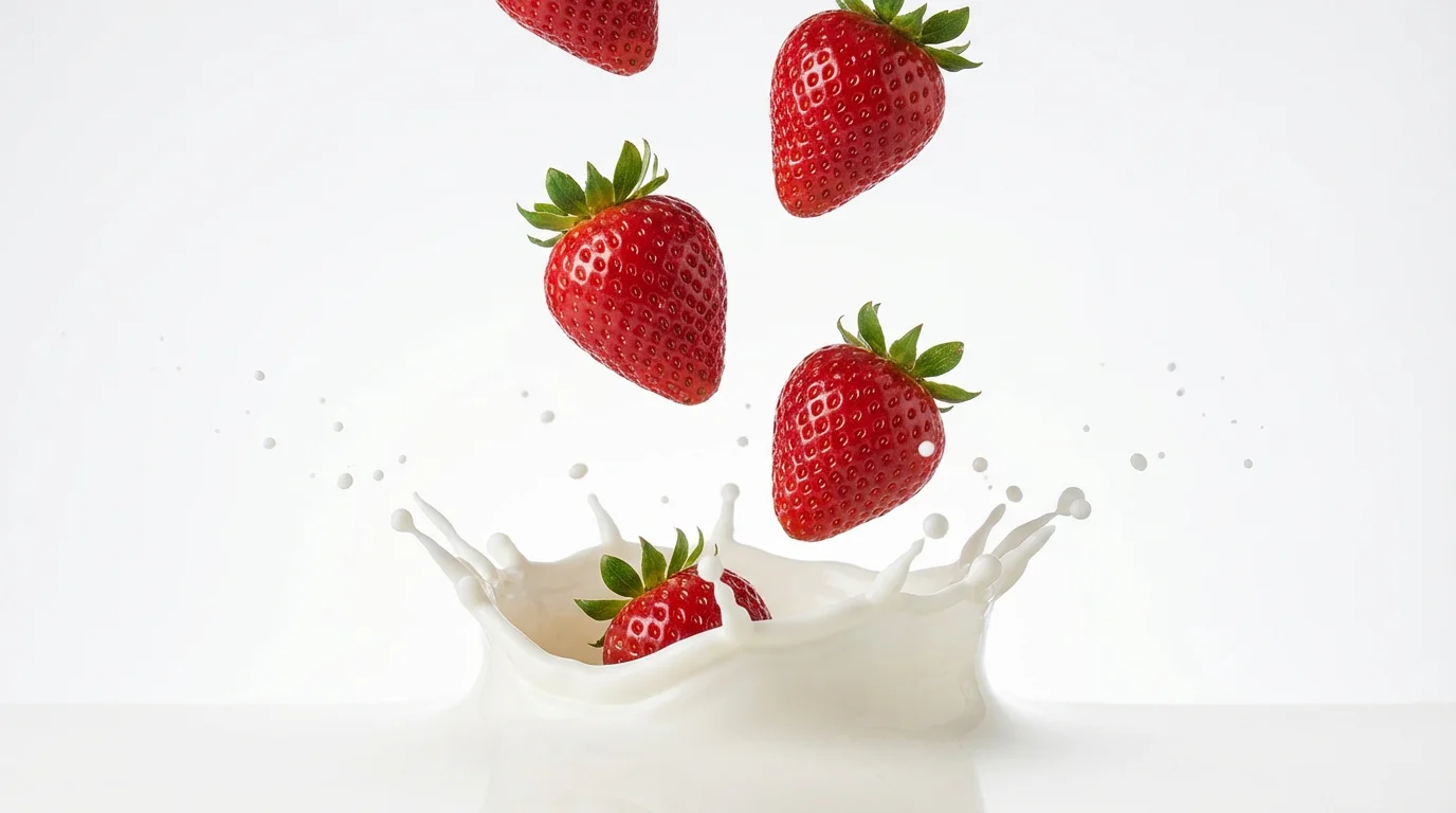 A hyper-realistic studio photograph showing several red strawberries frozen in mid-air, floating above a splash of white cream against a clean white background, demonstrating the technique of floating object photography.