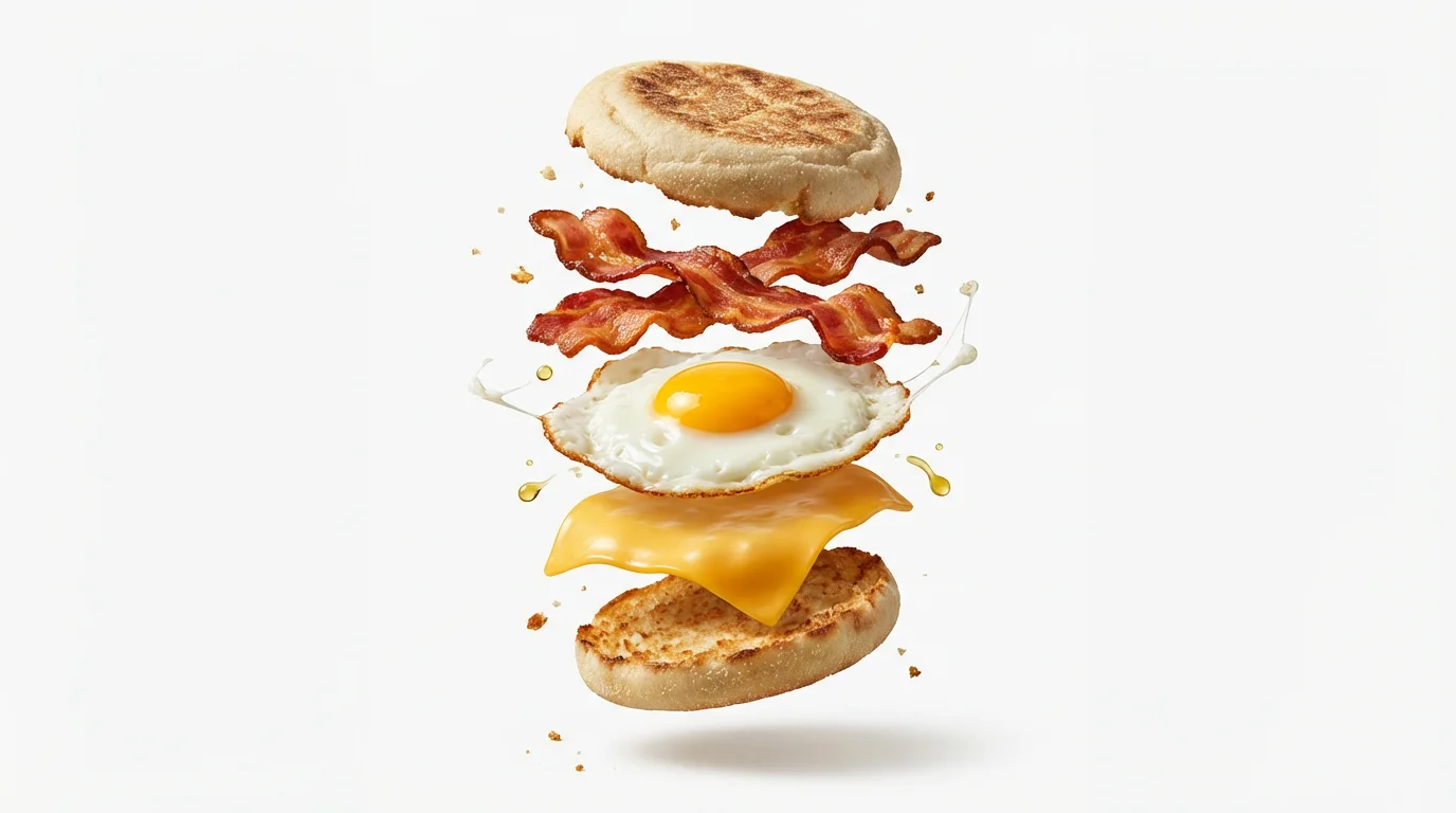 A studio photograph showcasing floating objects photography, featuring the ingredients of a breakfast sandwich—english muffin, bacon, fried egg, and cheese—suspended individually in mid-air against a clean white background.