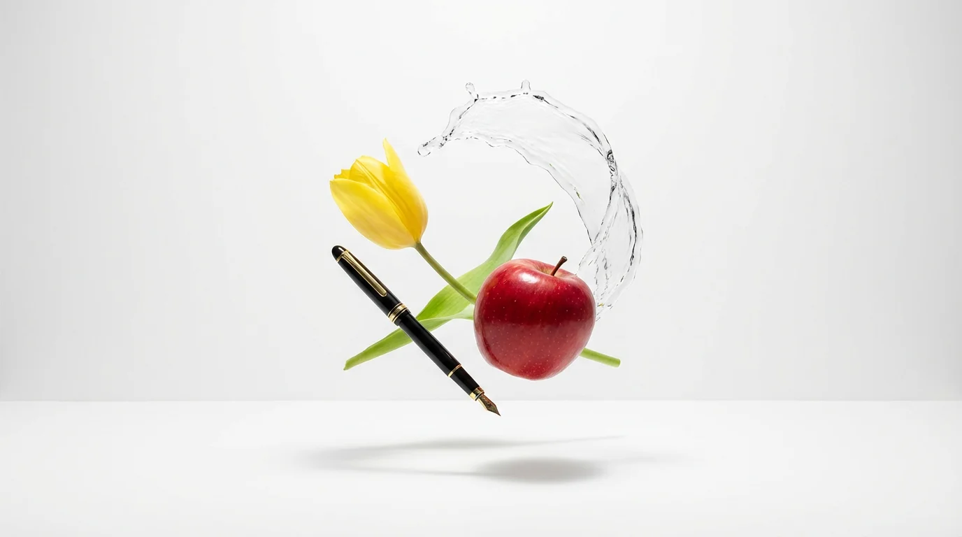 A minimalist studio photograph showing a red apple, a yellow tulip, a black pen, and a splash of water all floating in mid-air against a stark white background.
