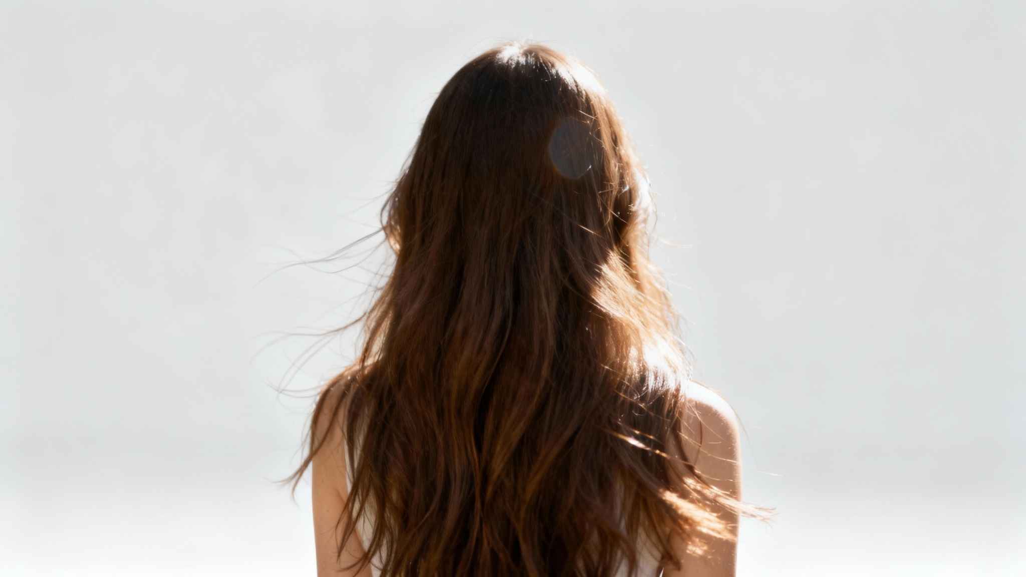 A demonstration of a perfect hair masking result, showing a woman with long, flowing brown hair perfectly isolated from her original background and placed onto a clean, light gray backdrop. The detail in every hair strand is visible.