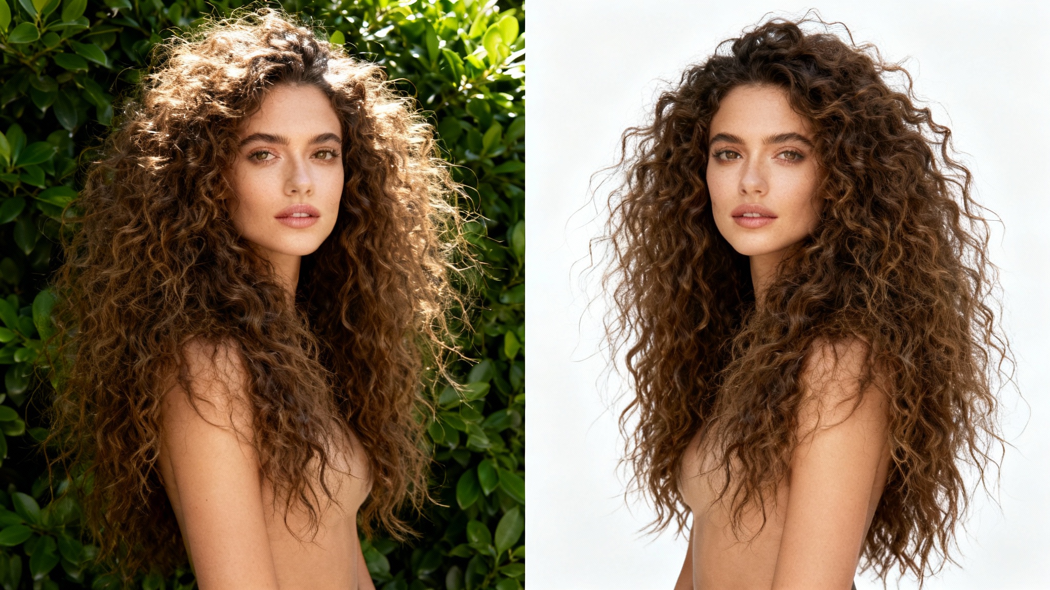 A split-screen image demonstrating hair masking. The left side shows a woman with complex curly hair against a busy foliage background, while the right side shows her perfectly cut out against a solid white background.