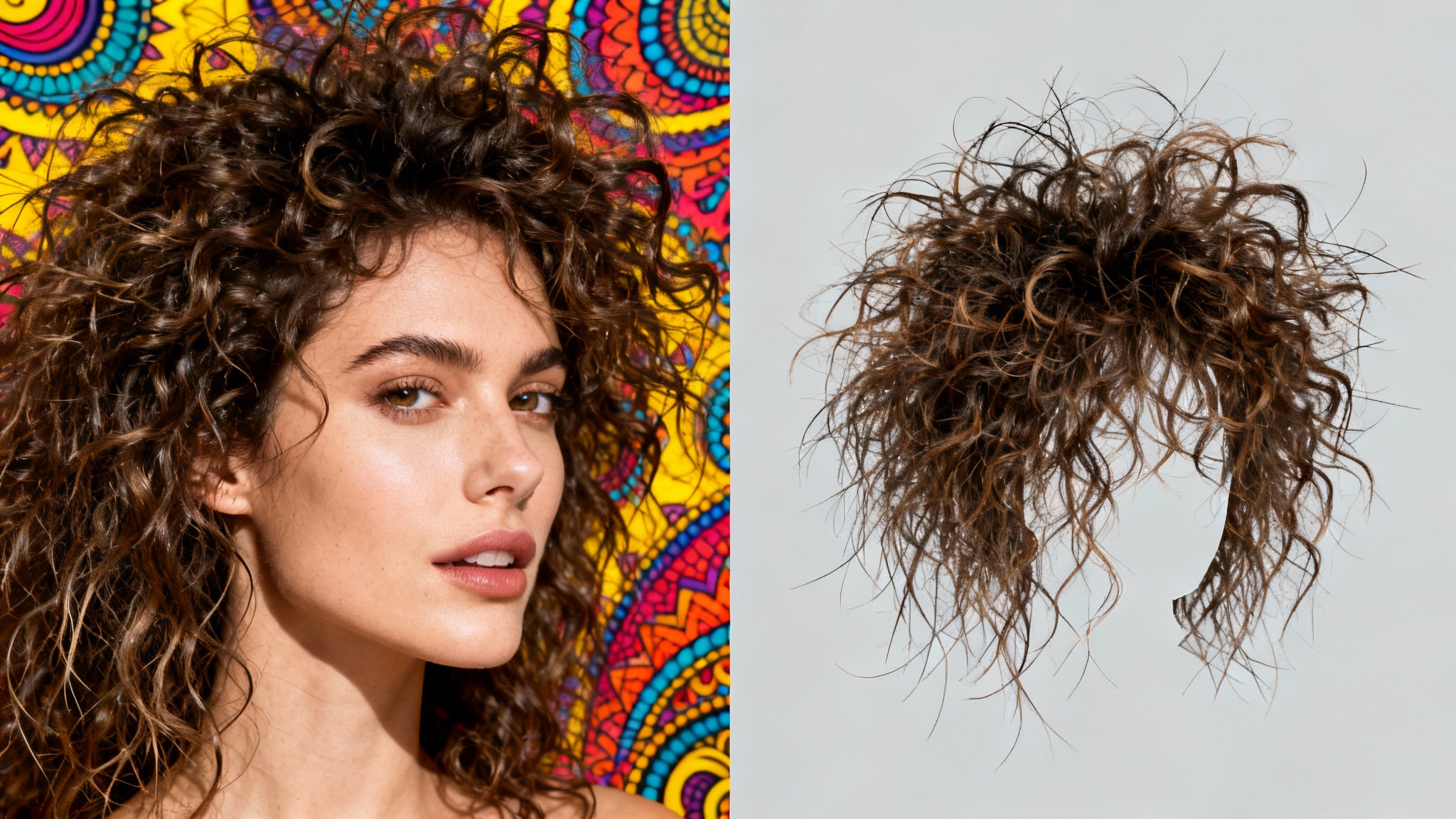 A before-and-after comparison image demonstrating hair masking. On the left, a woman with voluminous curly hair against a busy background. On the right, the same woman is perfectly cut out and placed on a solid gray background, showing every strand of hair preserved.