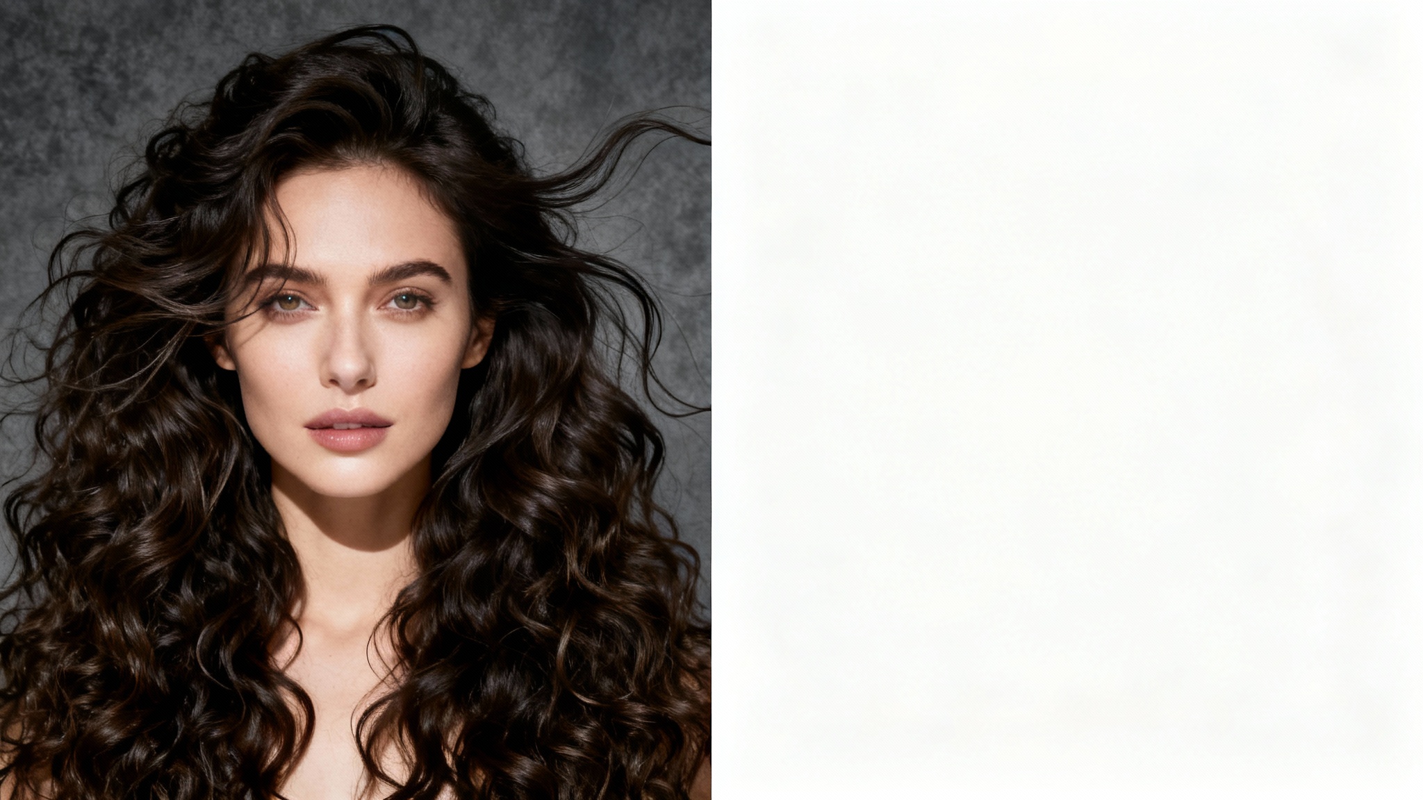 A visually split portrait of a woman with curly hair demonstrating hair masking. The left side shows her against a dark background, while the right shows her perfectly cut out against a pure white background, highlighting the precision of the edge around her hair.
