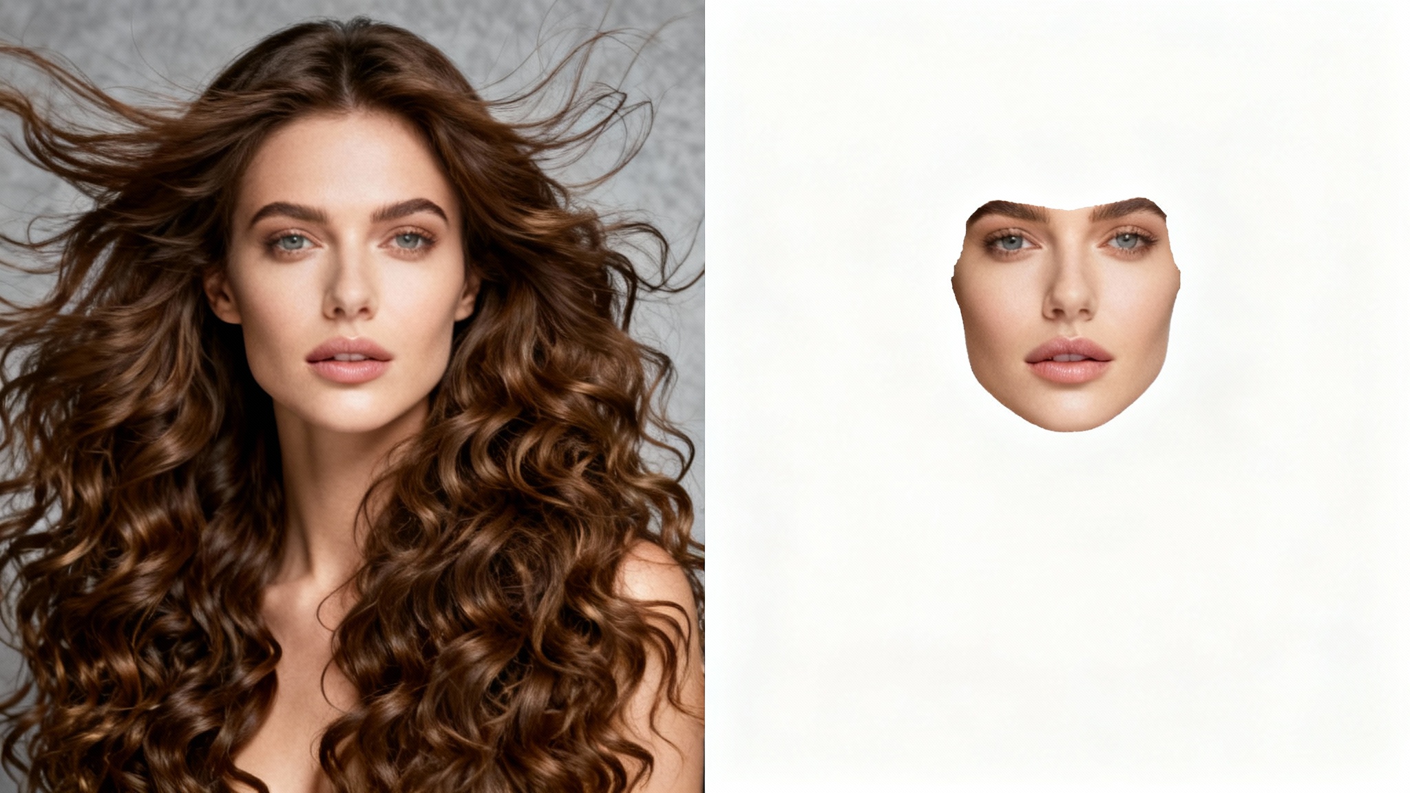 A split-screen comparison image demonstrating a hair masking tool. The left side features a woman with long, curly hair against a textured background. The right side shows the same woman perfectly isolated against a solid white background, with every hair strand intact.