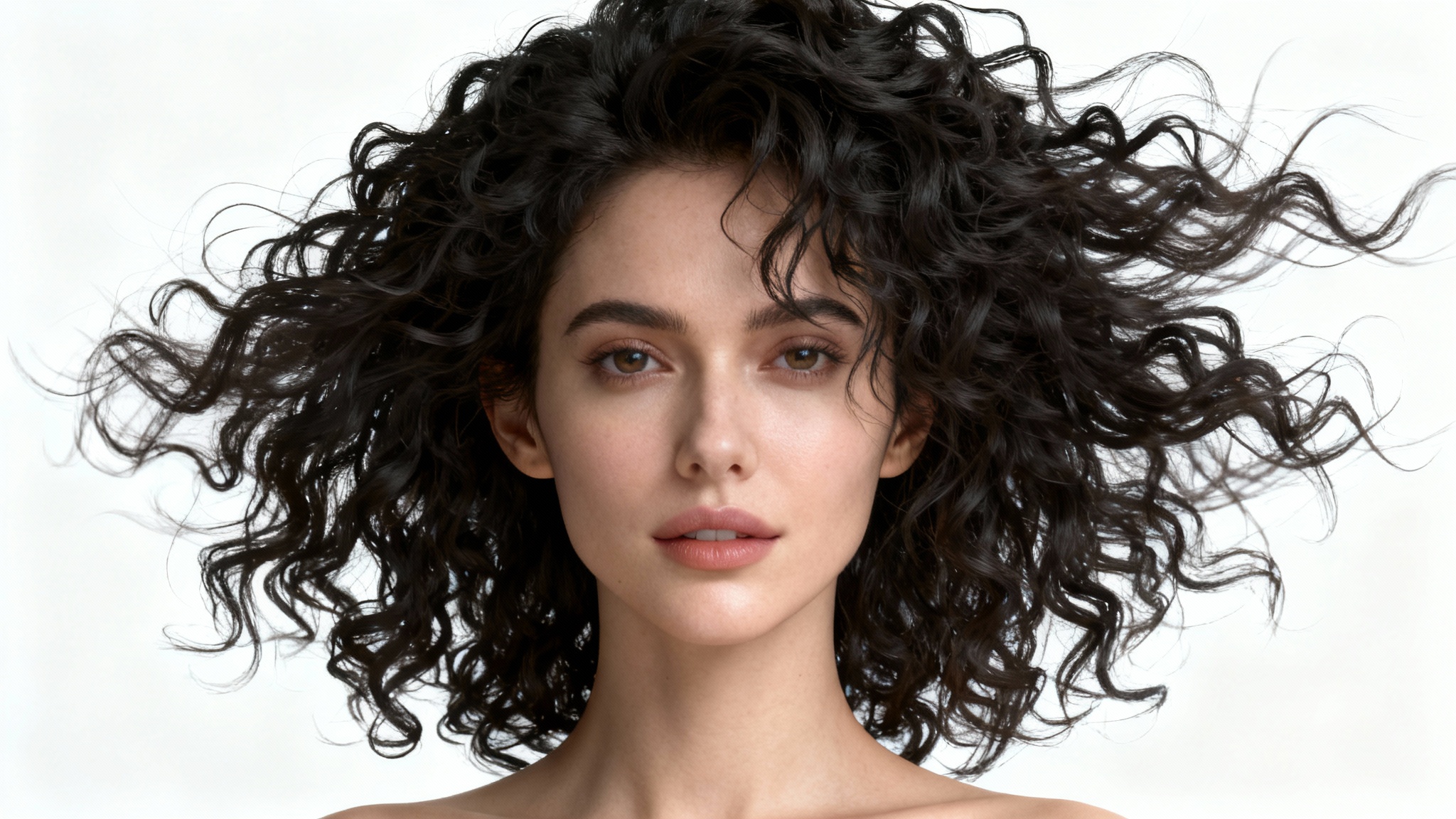 A close-up studio portrait of a woman with long, curly, wind-blown hair, perfectly cut out and isolated against a plain white background, highlighting the fine detail of every strand.
