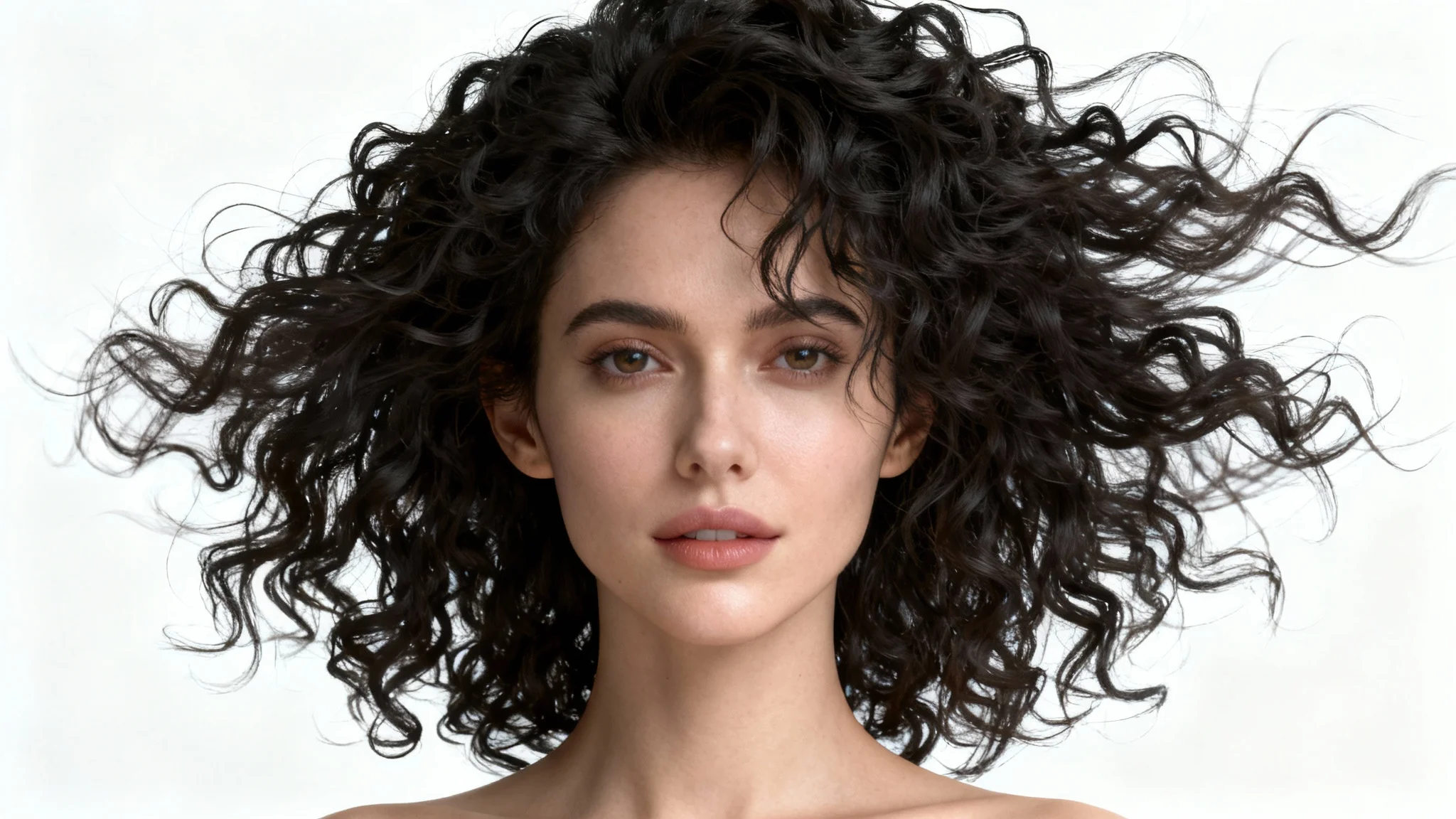 A close-up studio portrait of a woman with long, curly, wind-blown hair, perfectly cut out and isolated against a plain white background, highlighting the fine detail of every strand.