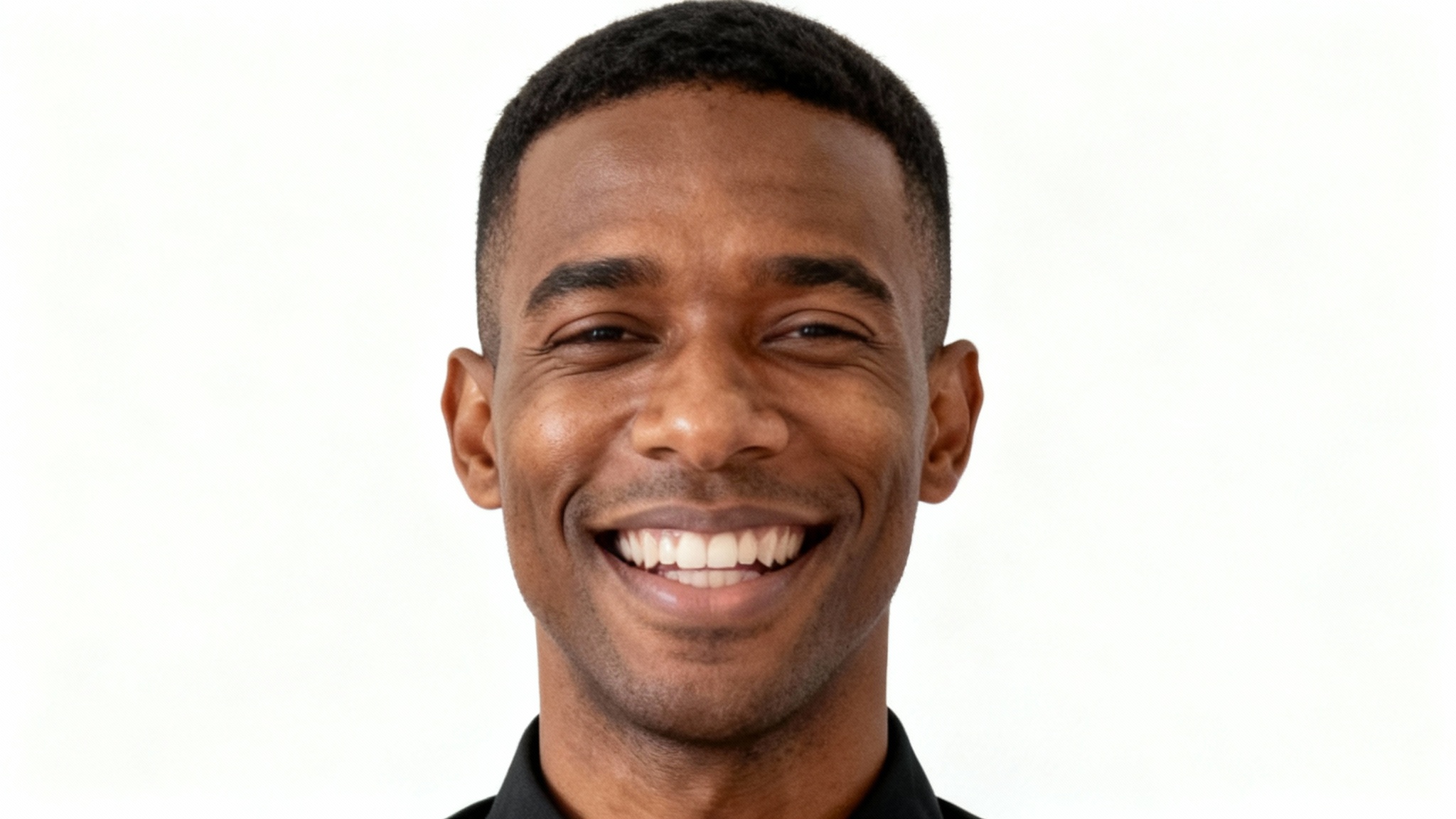 A headshot of a dark-skinned man with short hair and a black collared shirt, smiling joyfully against a white background, demonstrating the result of an AI facial expression change tool.