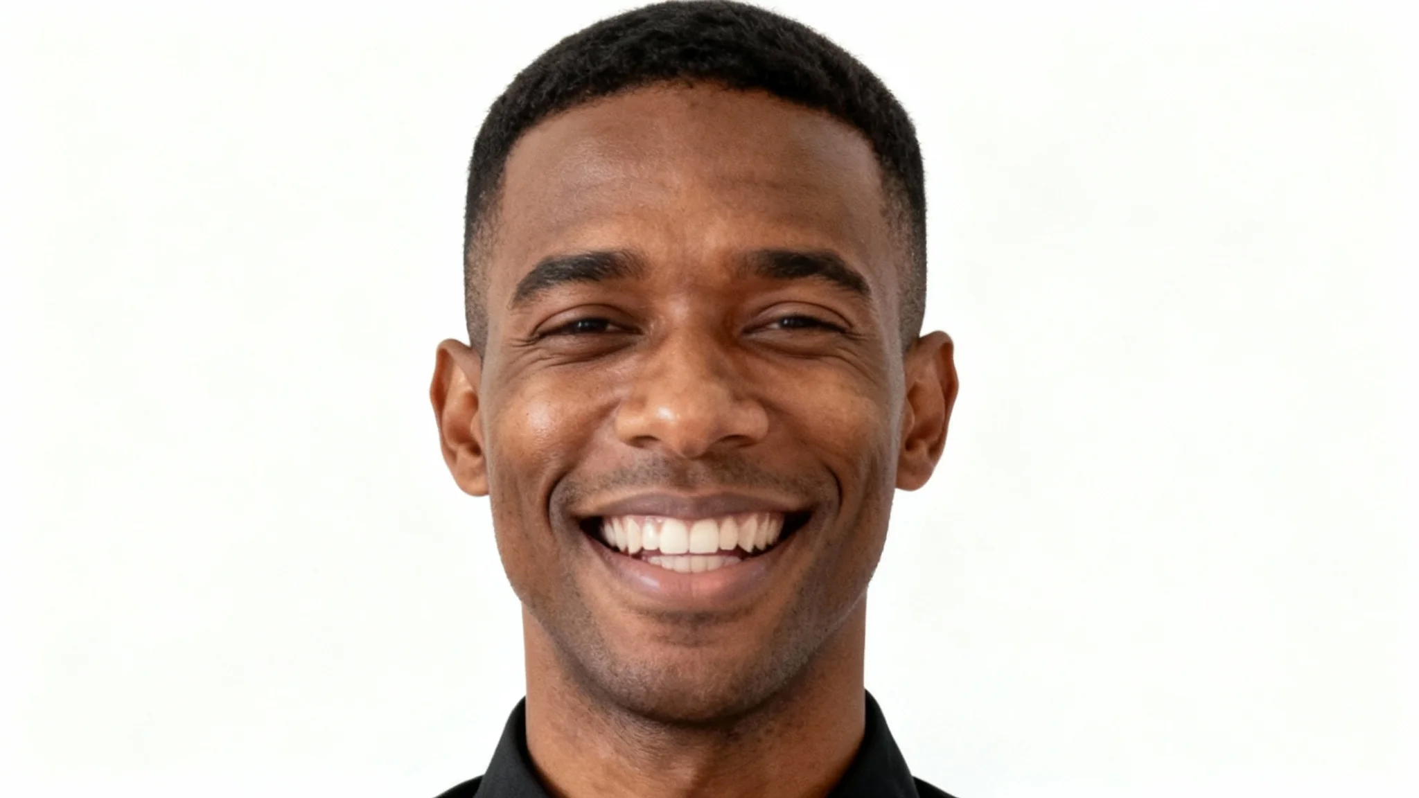 A headshot of a dark-skinned man with short hair and a black collared shirt, smiling joyfully against a white background, demonstrating the result of an AI facial expression change tool.