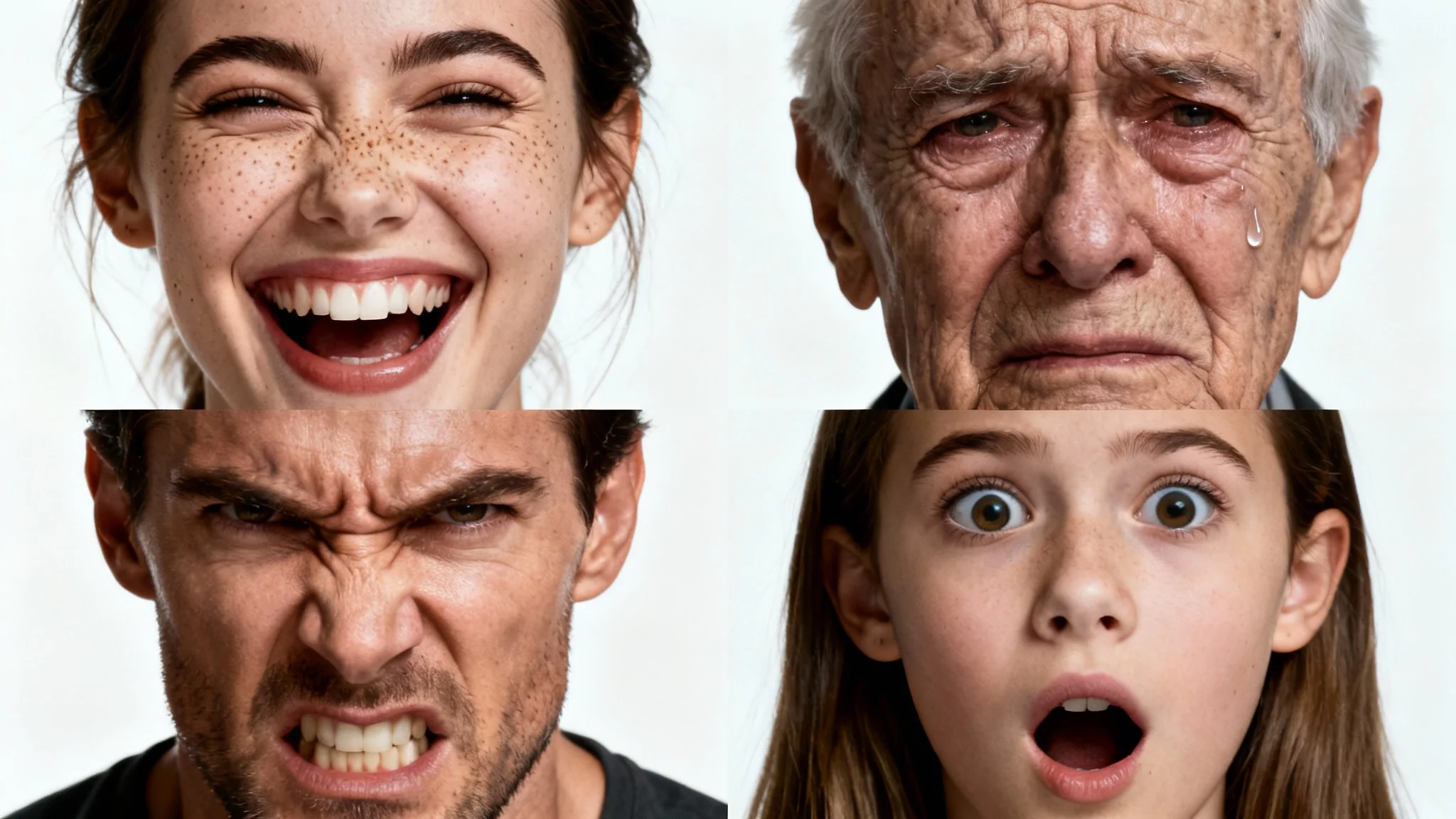 A four-panel collage showcasing distinct facial expressions: a woman laughing joyfully, an old man crying sadly, a man looking angry, and a girl looking surprised, all on a white background.