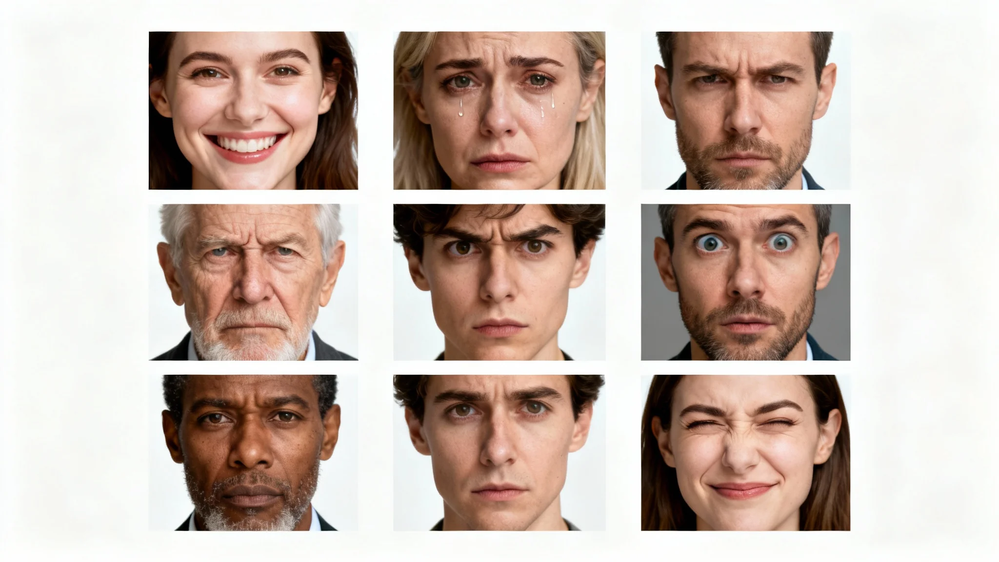 A 3x3 grid collage of nine diverse human faces, each showing a different, distinct facial expression like joy, sadness, and surprise, set against a clean white background.