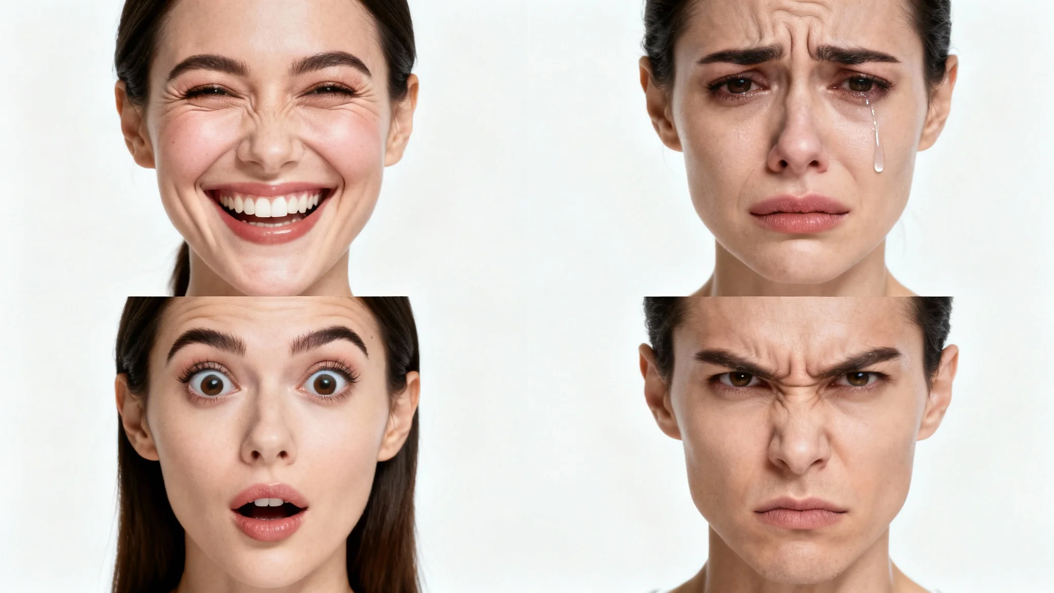 A grid of four images showing the same woman's face expressing four different emotions: joy, sadness, surprise, and anger, all against a clean white background.