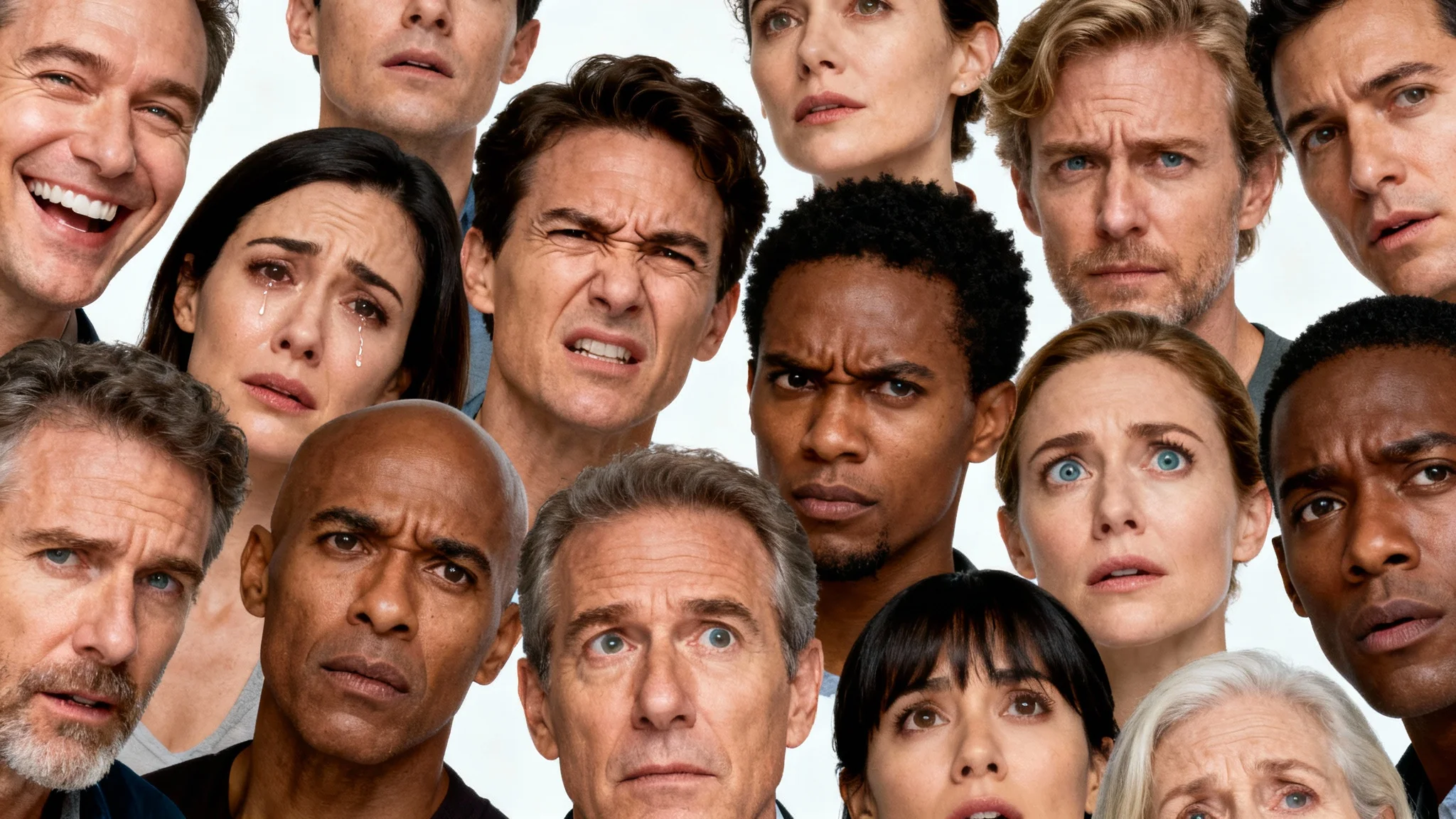 A dynamic collage of diverse, hyperrealistic faces, each showing a strong and clear emotion like joy, sadness, or surprise, set against a solid white background.