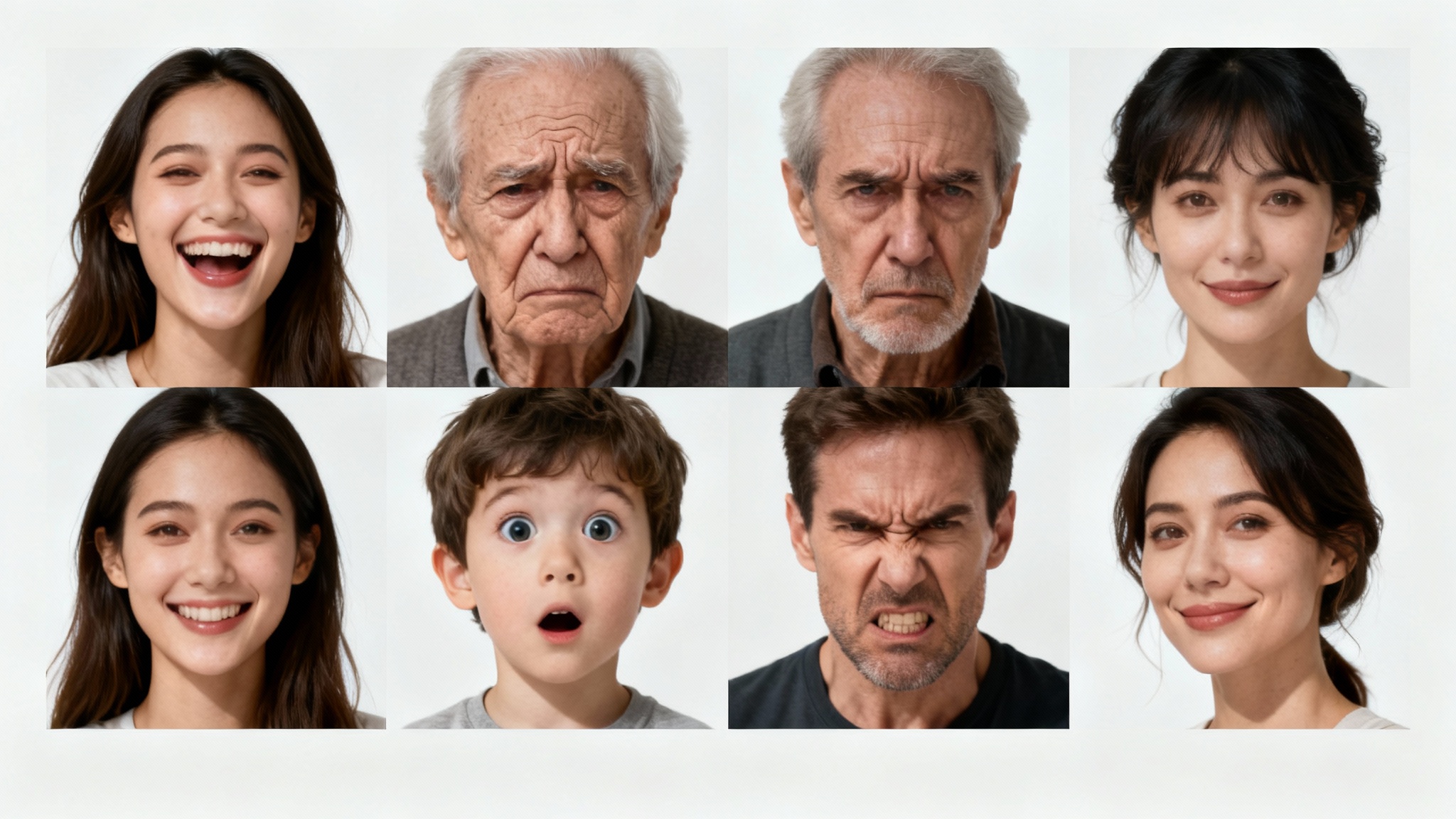 A collage of diverse human faces, each displaying a distinct and powerful emotion, such as joy, sadness, and surprise, on a clean white background.