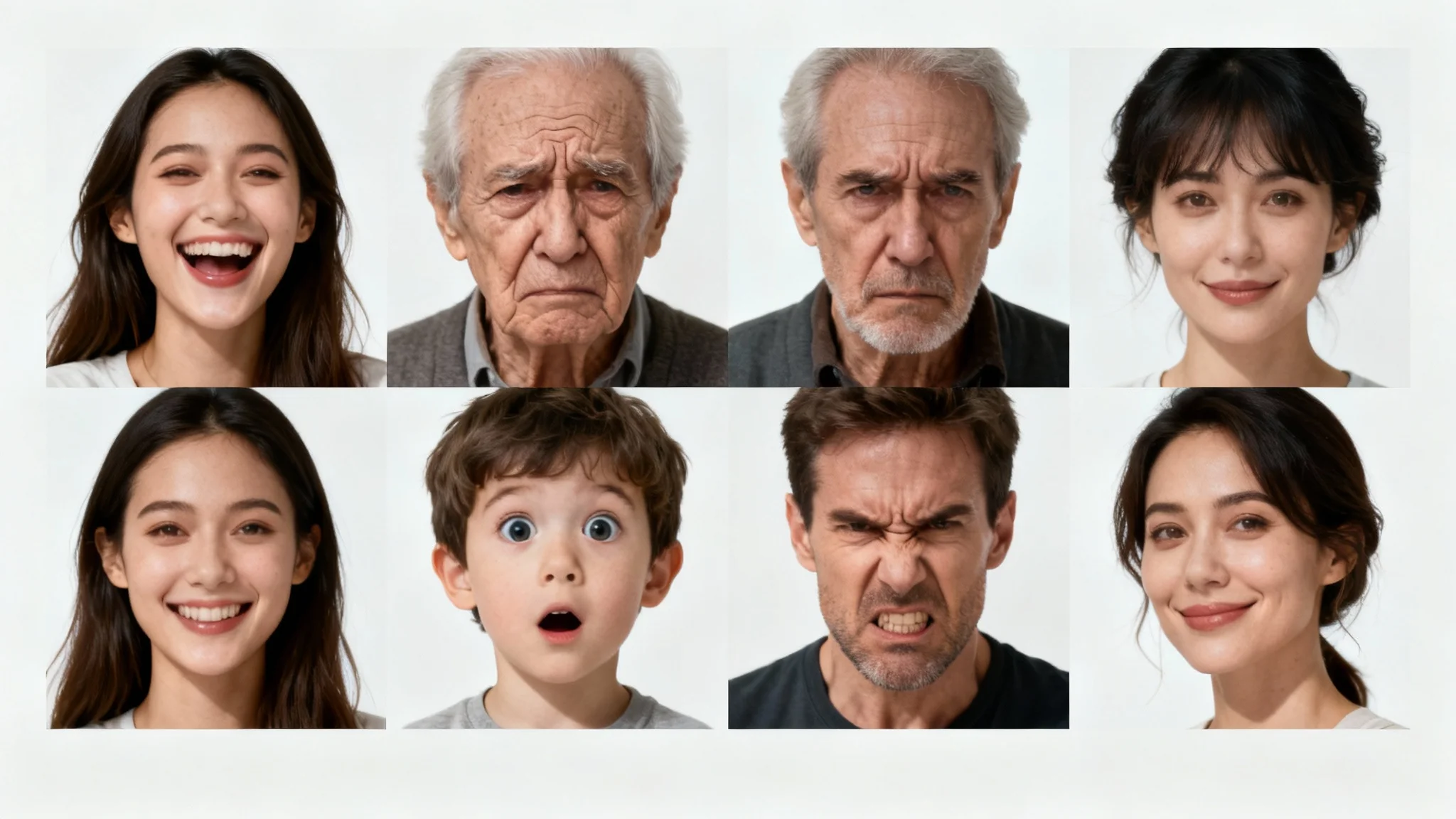 A collage of diverse human faces, each displaying a distinct and powerful emotion, such as joy, sadness, and surprise, on a clean white background.