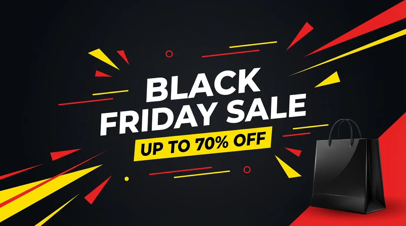 A polished Black Friday sale hero banner with a dark background. Bold white text reads 'Black Friday Sale' with 'Up to 70% Off' highlighted in yellow below, accented by red graphic elements.
