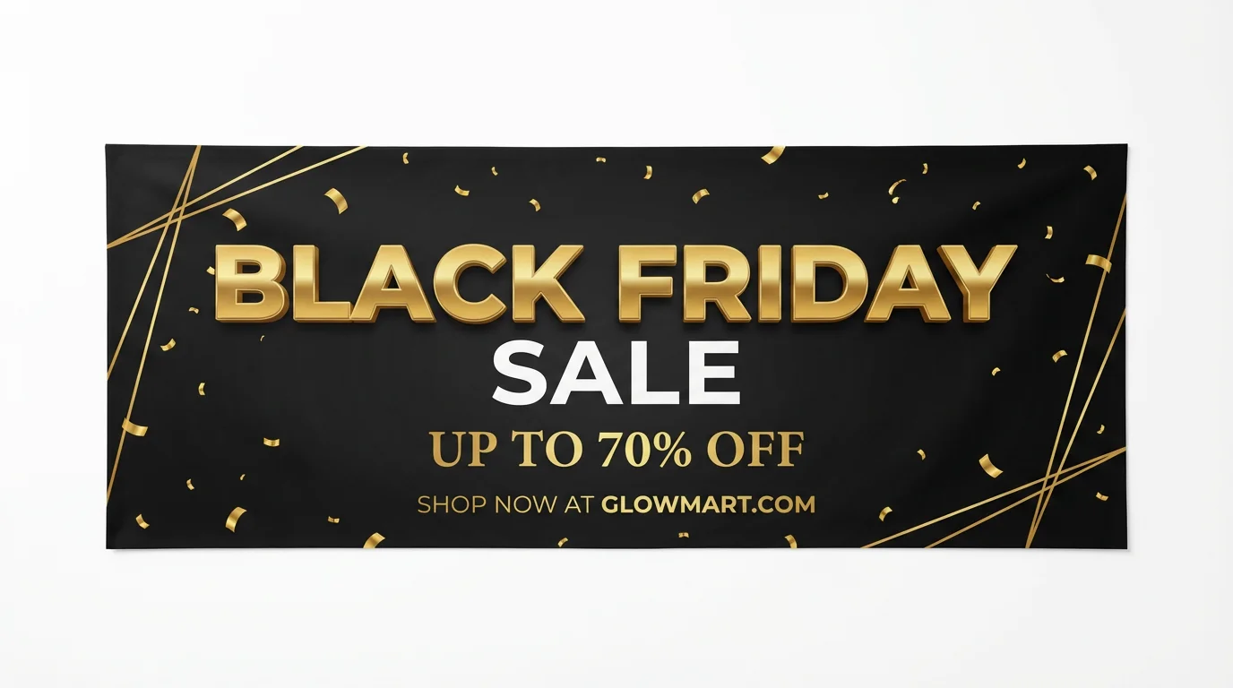 A sleek Black Friday sale banner mockup on a white background, featuring black, gold, and white text that reads 'BLACK FRIDAY SALE, UP TO 70% OFF'.