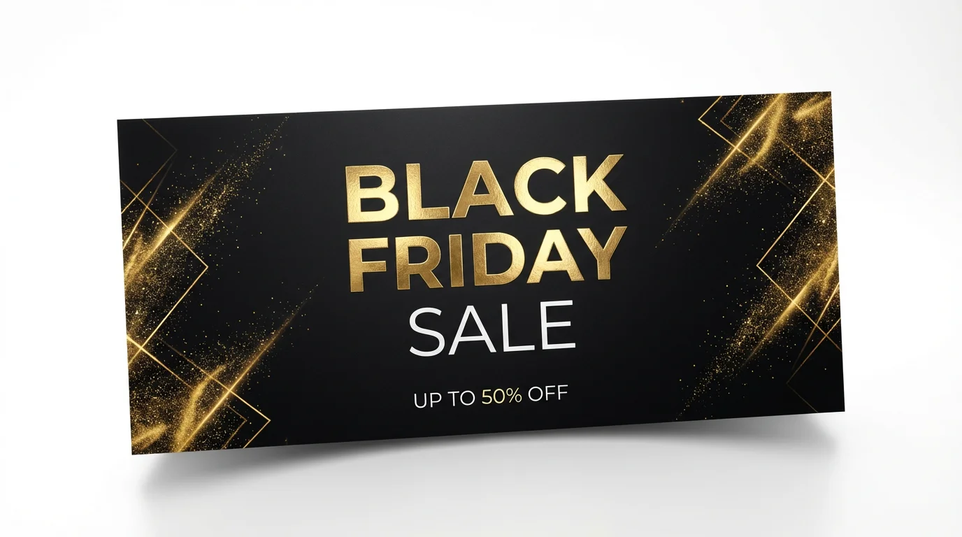 A luxurious Black Friday sale banner mockup on a white background. The banner is black with gold and white text that reads 'BLACK FRIDAY SALE' and 'UP TO 50% OFF'.
