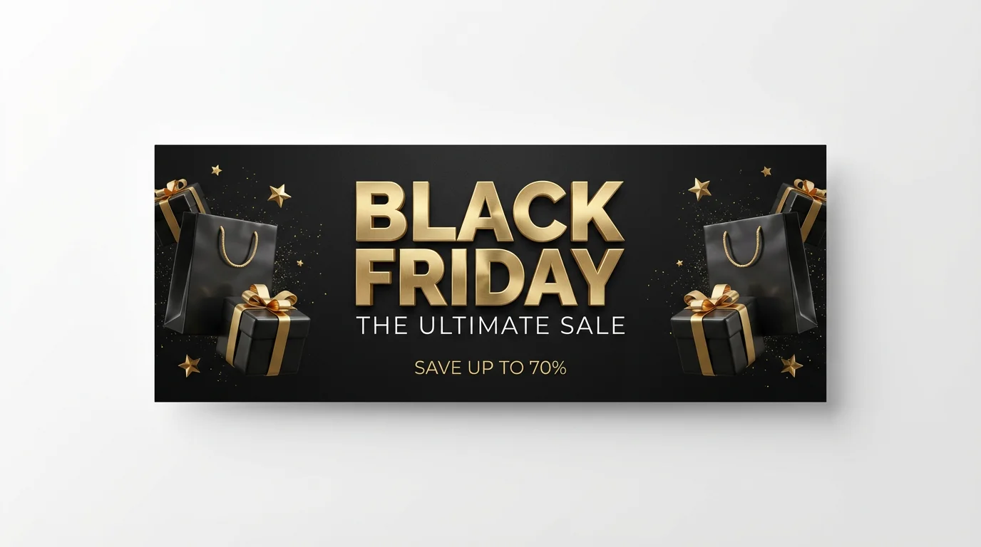 A modern, luxurious Black Friday sale banner mockup with a black background and gold and white text that reads 'BLACK FRIDAY', 'THE ULTIMATE SALE', and 'SAVE UP TO 70%'. The banner is decorated with glossy black shopping bags and gold gift boxes, all set against a clean white background.
