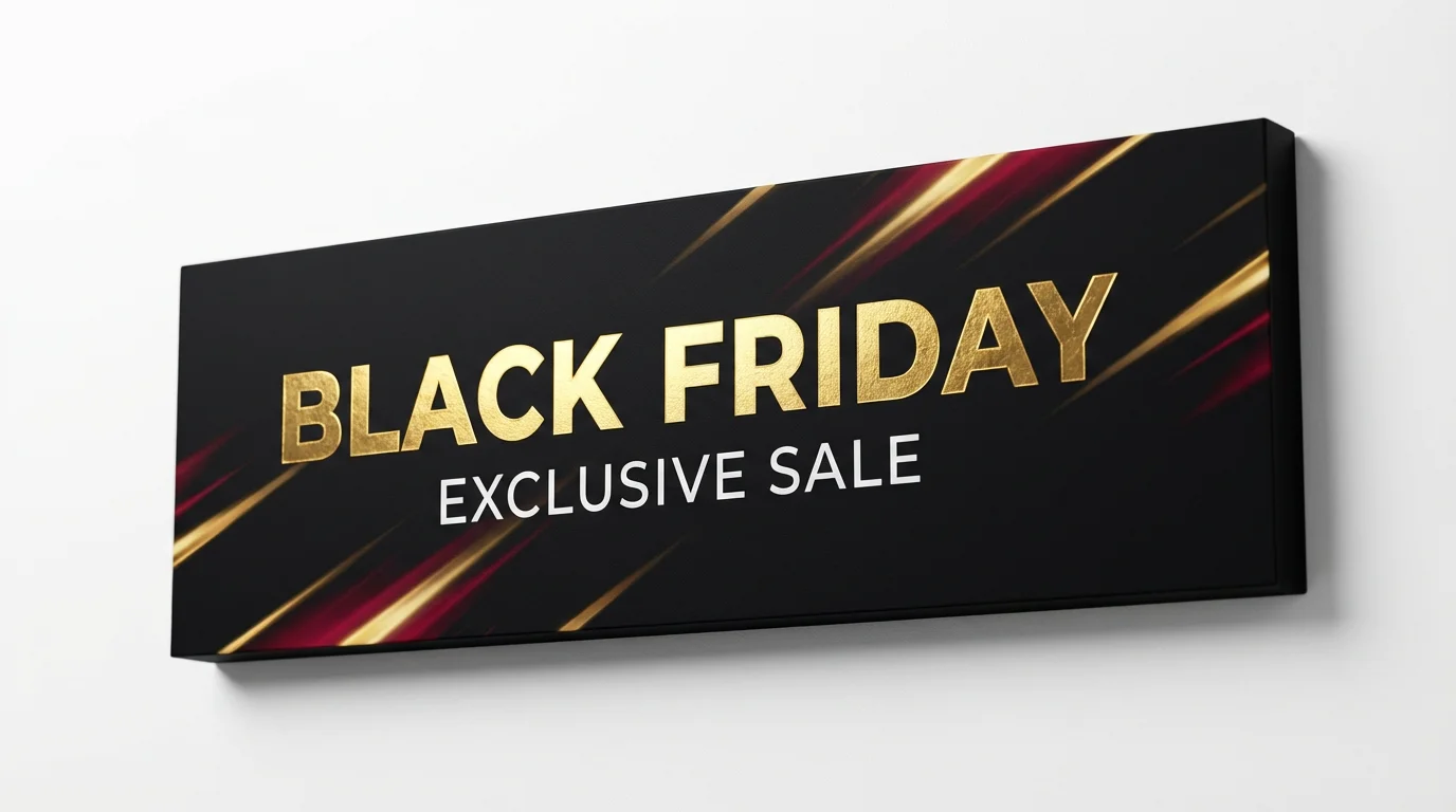 A sophisticated Black Friday sale banner mockup on a white background, featuring bold gold foil text that reads 'BLACK FRIDAY' and 'EXCLUSIVE SALE' on a black backdrop with light streaks.