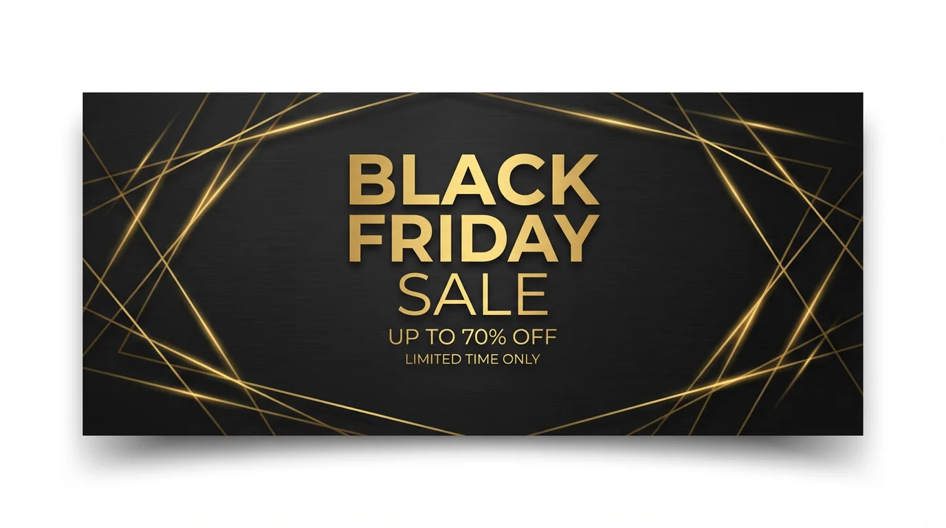 A sleek black and gold banner mockup advertising a Black Friday sale with up to 70% off, set against a plain white background.