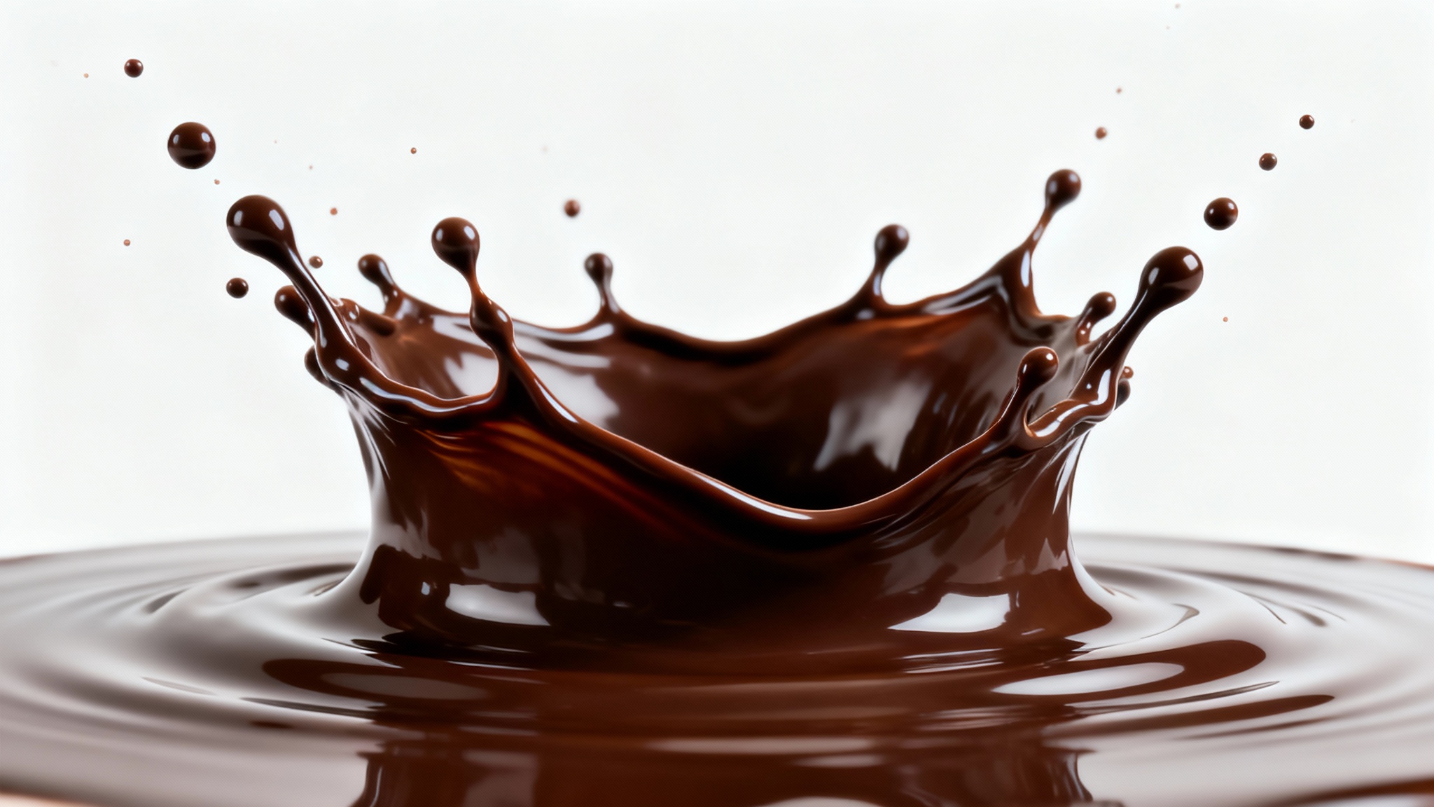 A dynamic, high-speed photograph of a rich dark chocolate splash frozen in time against a clean white background, creating a beautiful and elegant shape.