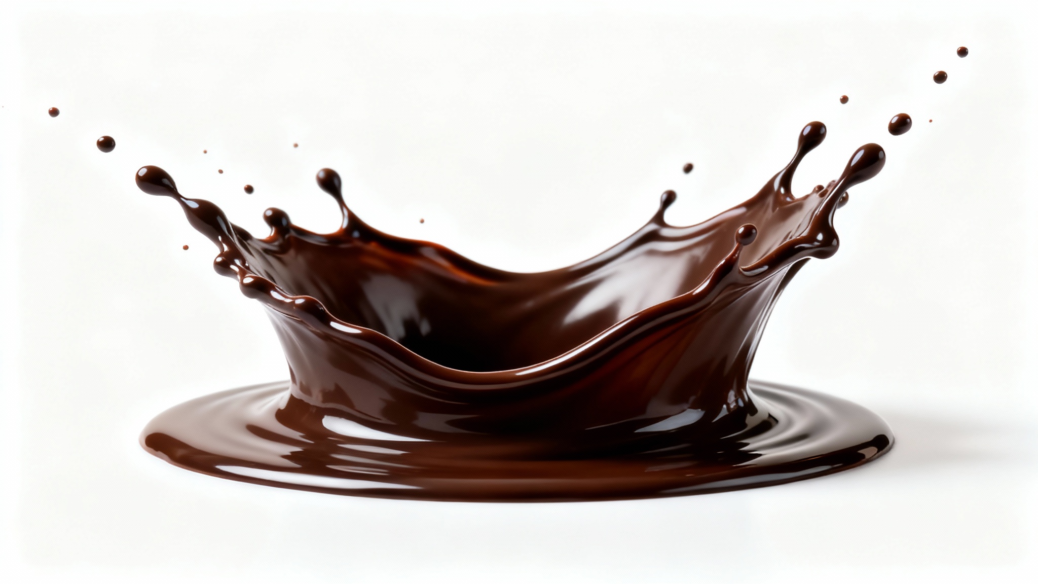 A photorealistic image of a rich, dark chocolate splash frozen in mid-air, with elegant swirls and droplets against a stark white background.