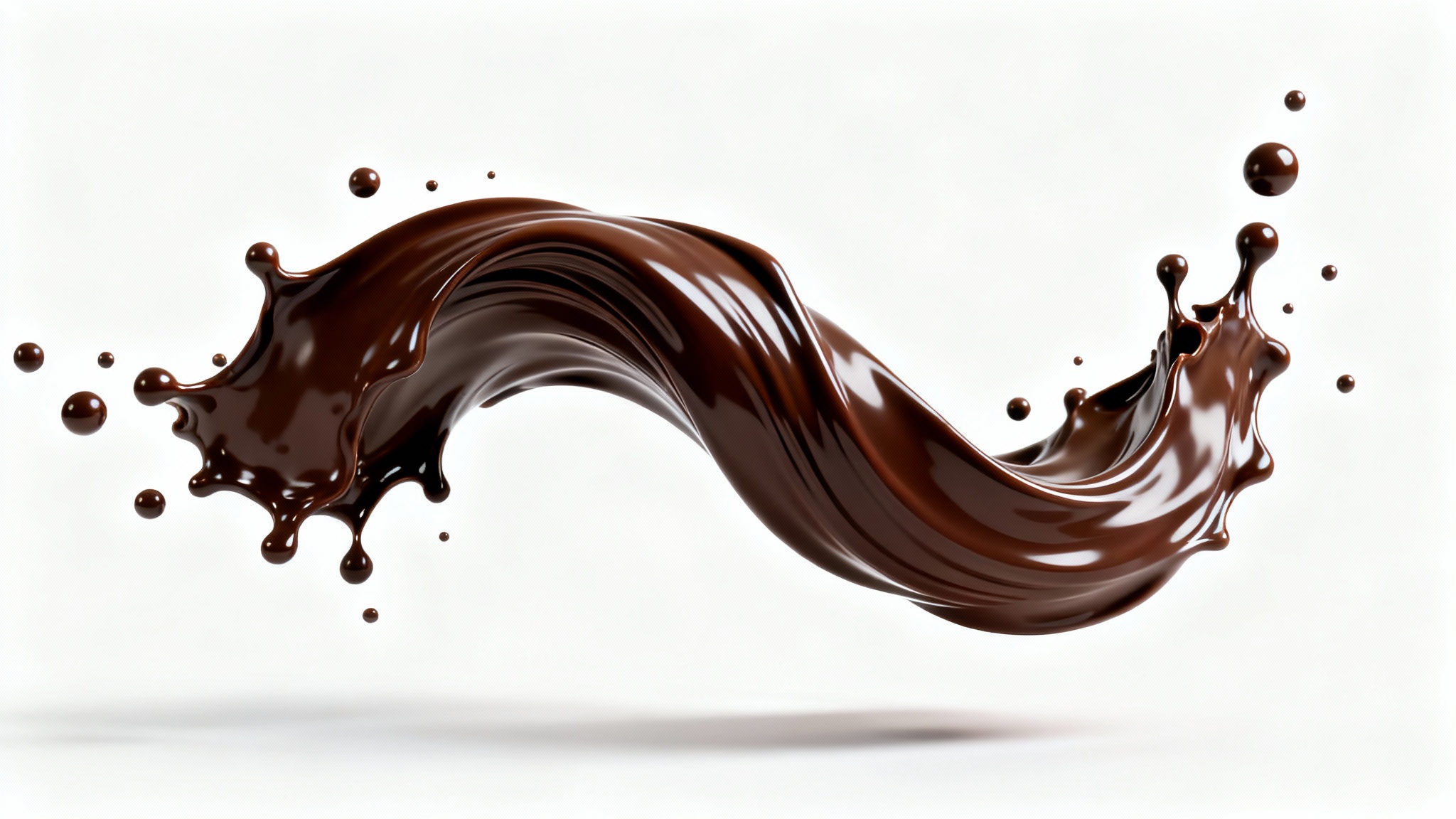 A high-speed photograph capturing a swirling splash of rich, dark chocolate frozen in mid-air against a stark white background, showcasing its glossy texture.
