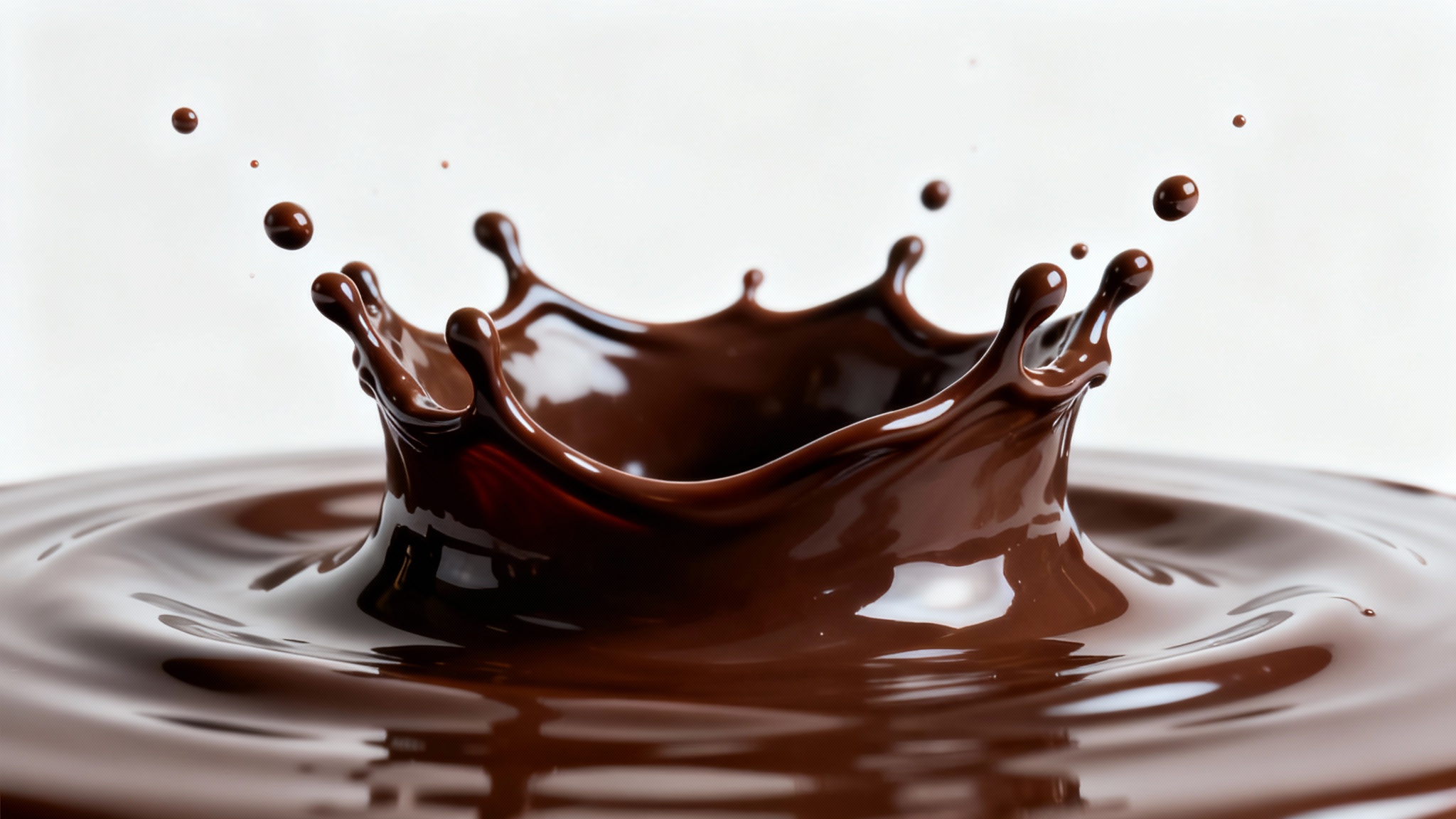 A photorealistic macro shot of a dynamic splash of rich, liquid dark chocolate, frozen in time to form a crown shape against a stark white background.