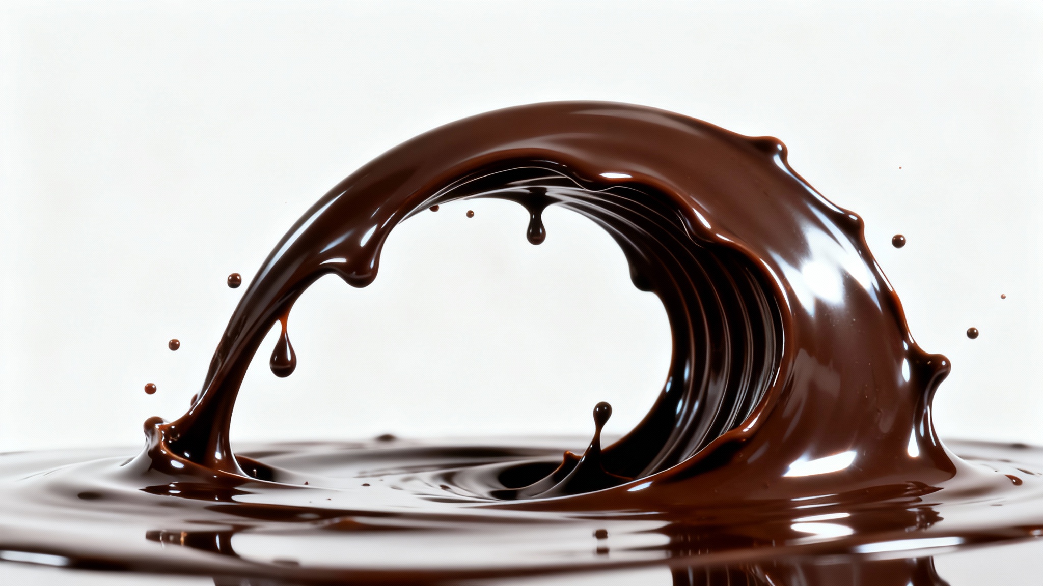 A dynamic, high-speed photograph of a rich dark chocolate splash, frozen in mid-air against a clean white background, showcasing its glossy texture.